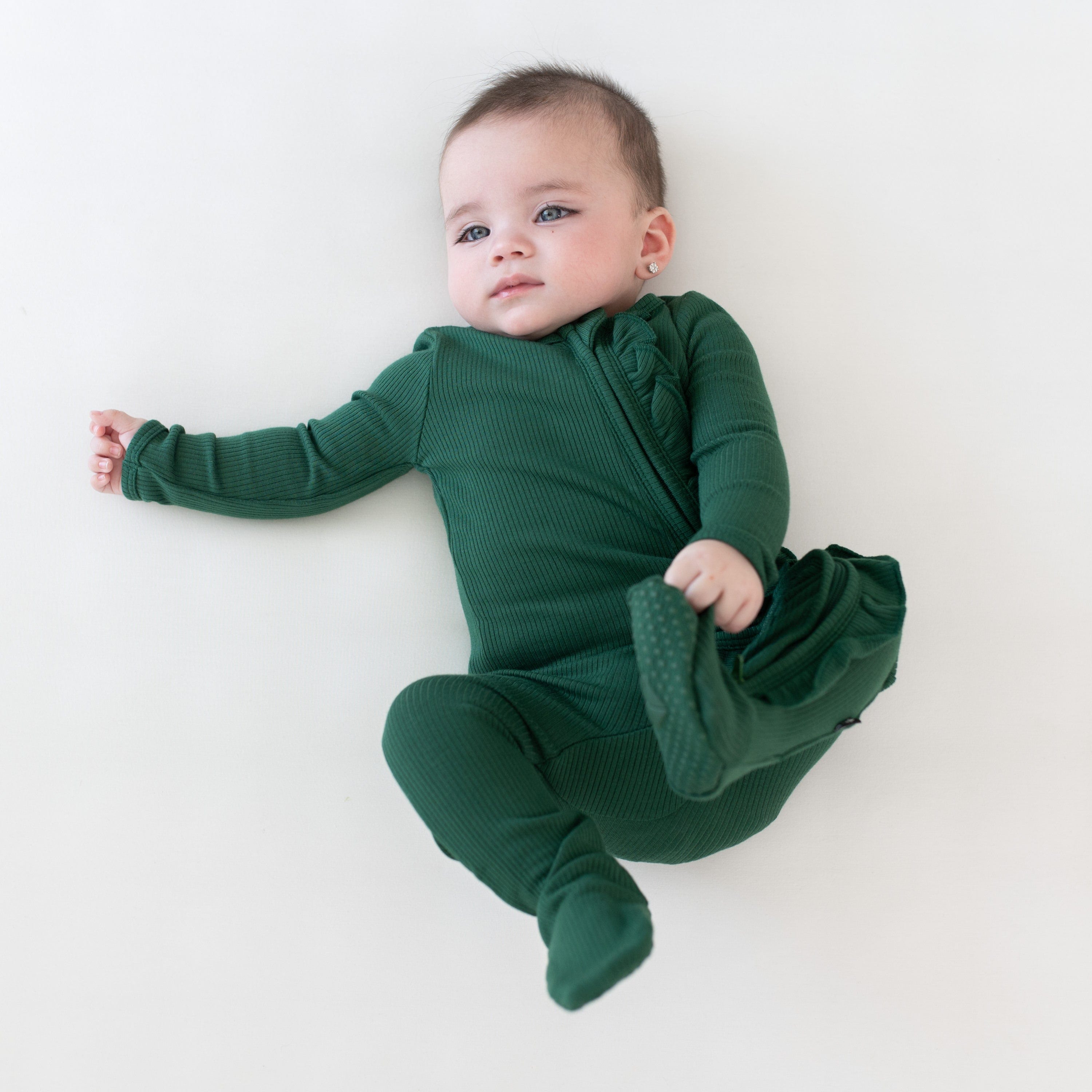 Kyte Baby Ribbed Ruffle Zipper Footie Ribbed Ruffle Zipper Footie in Forest