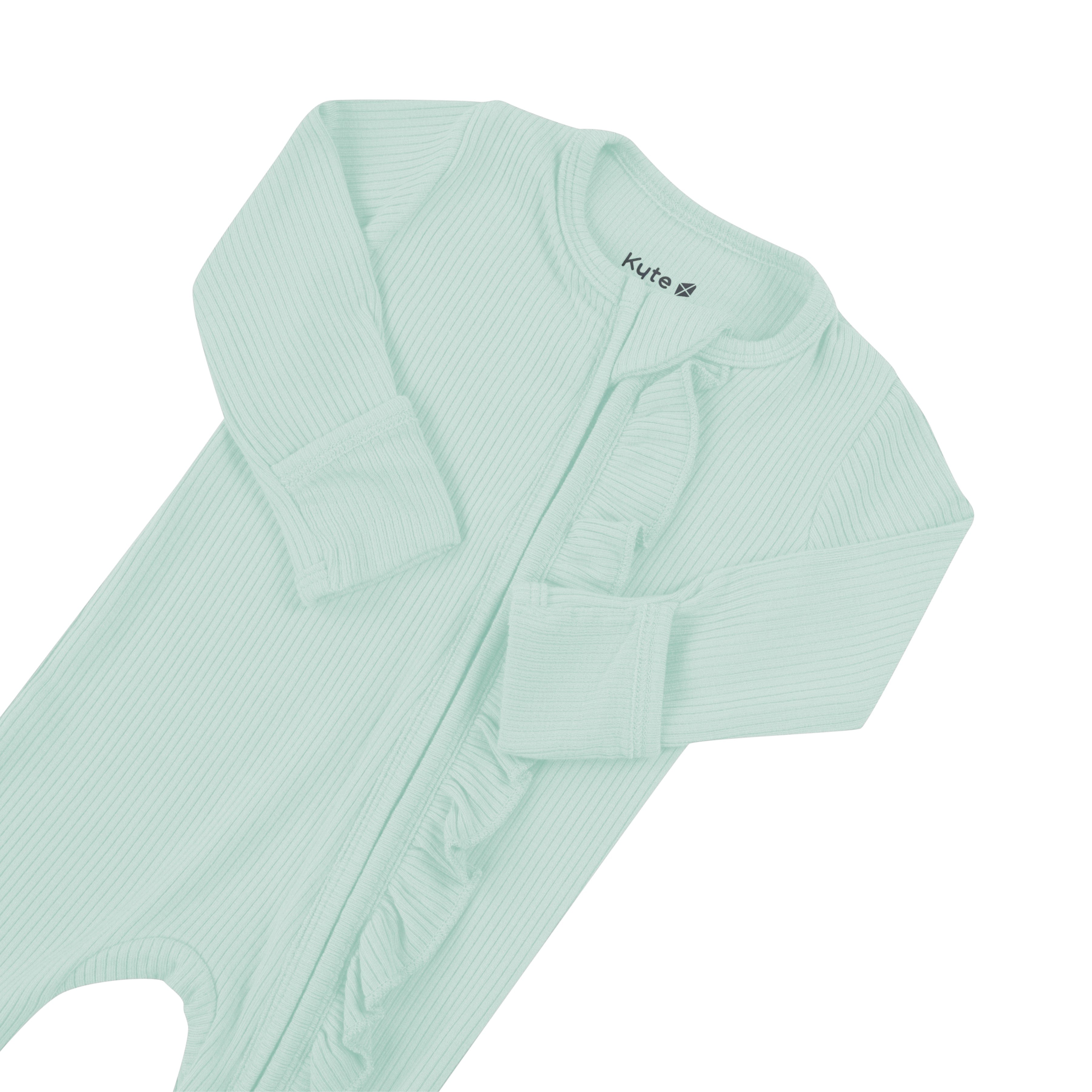 Fold over cuffs on Kyte Baby Ribbed Ruffle Zipper Footie in Sage