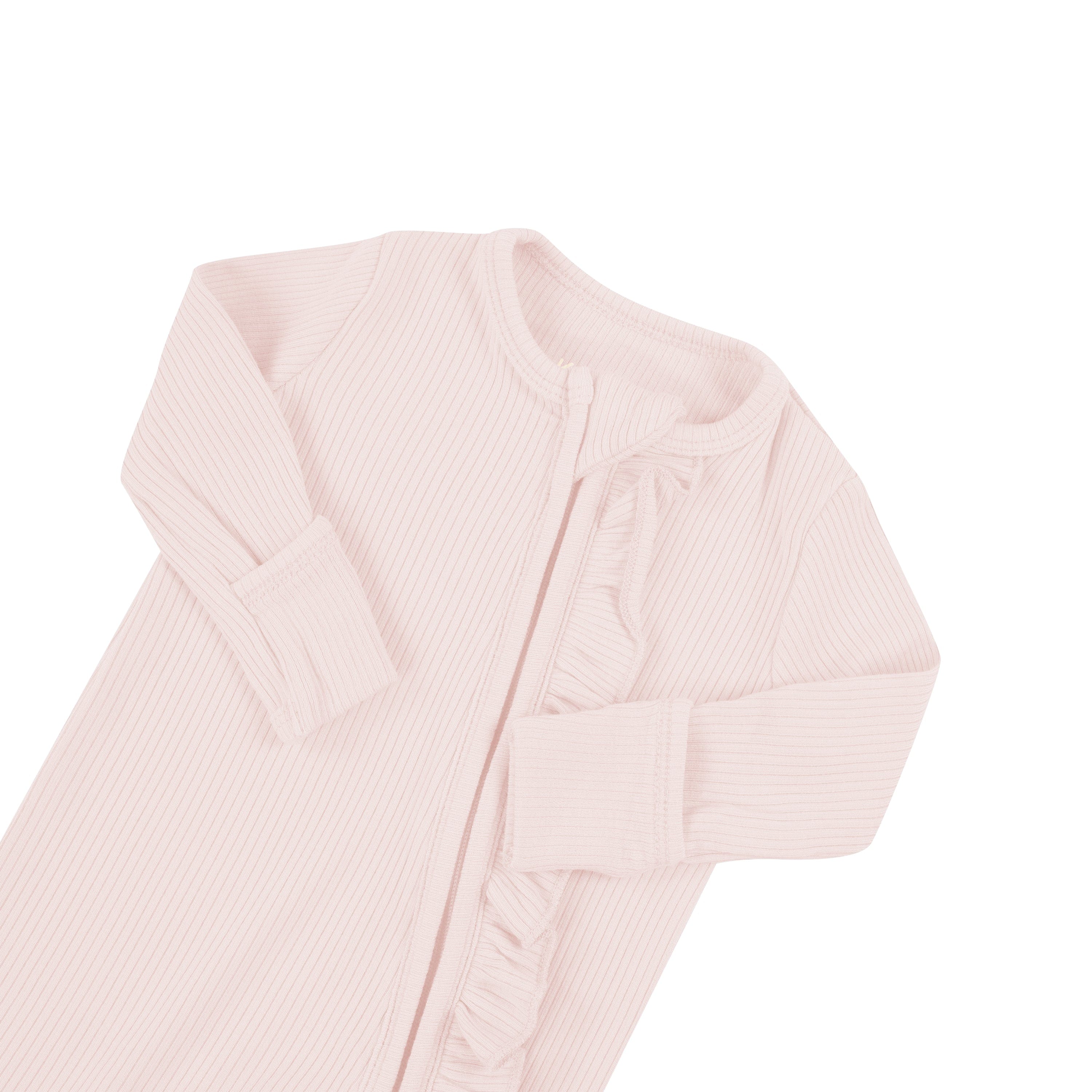 Fold over cuffs on Kyte Baby Ribbed Ruffle Zipper Romper in Blush