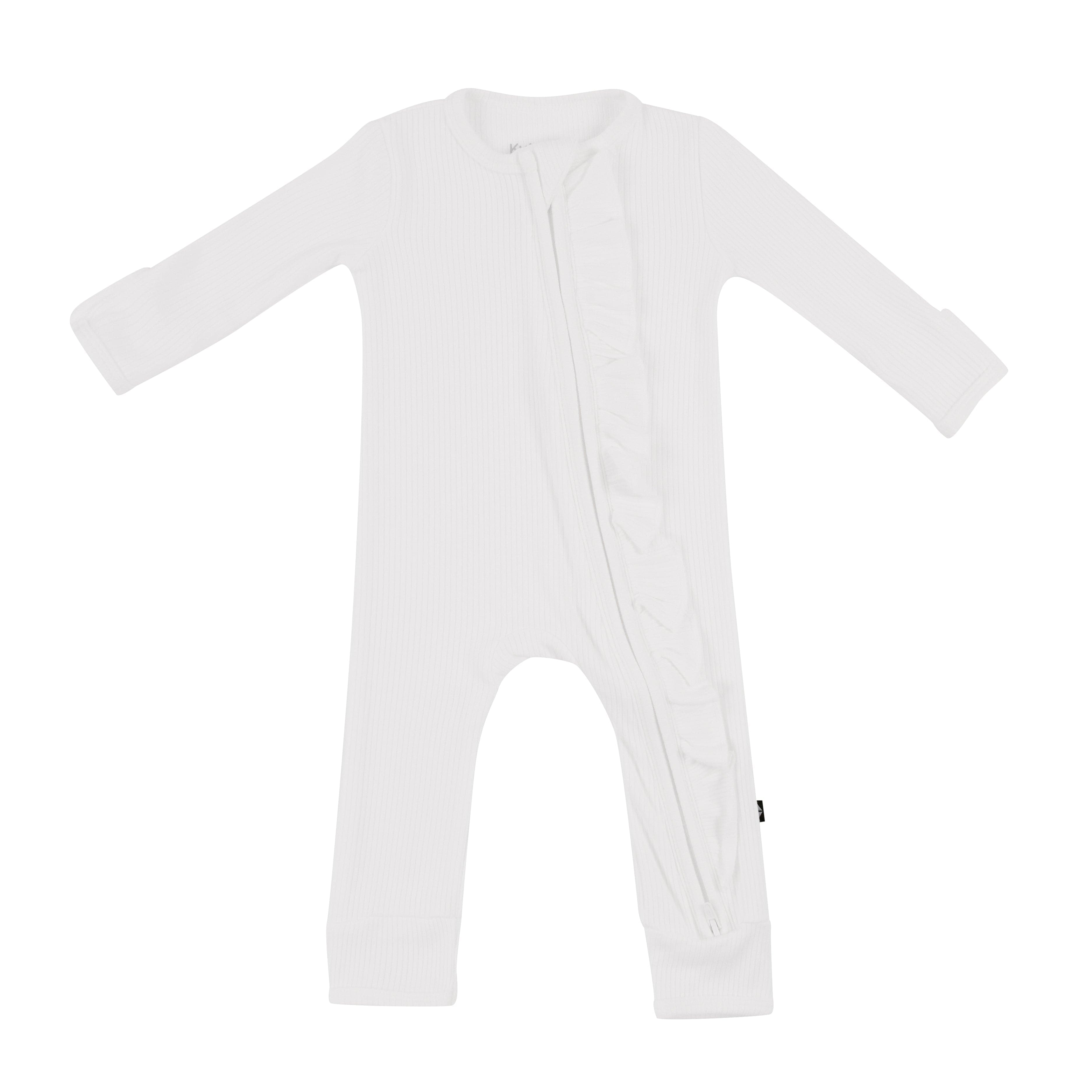 Kyte Baby Ribbed Ruffle Zipper Romper in Cloud white