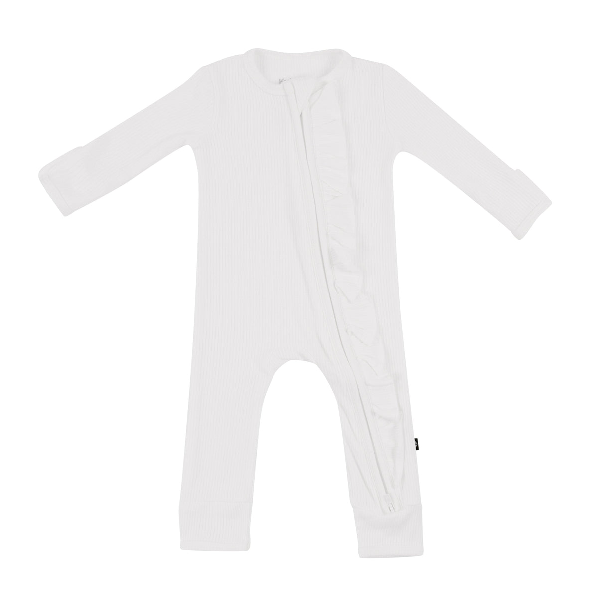 Kyte Baby Ribbed Ruffle Zipper Romper in Cloud white