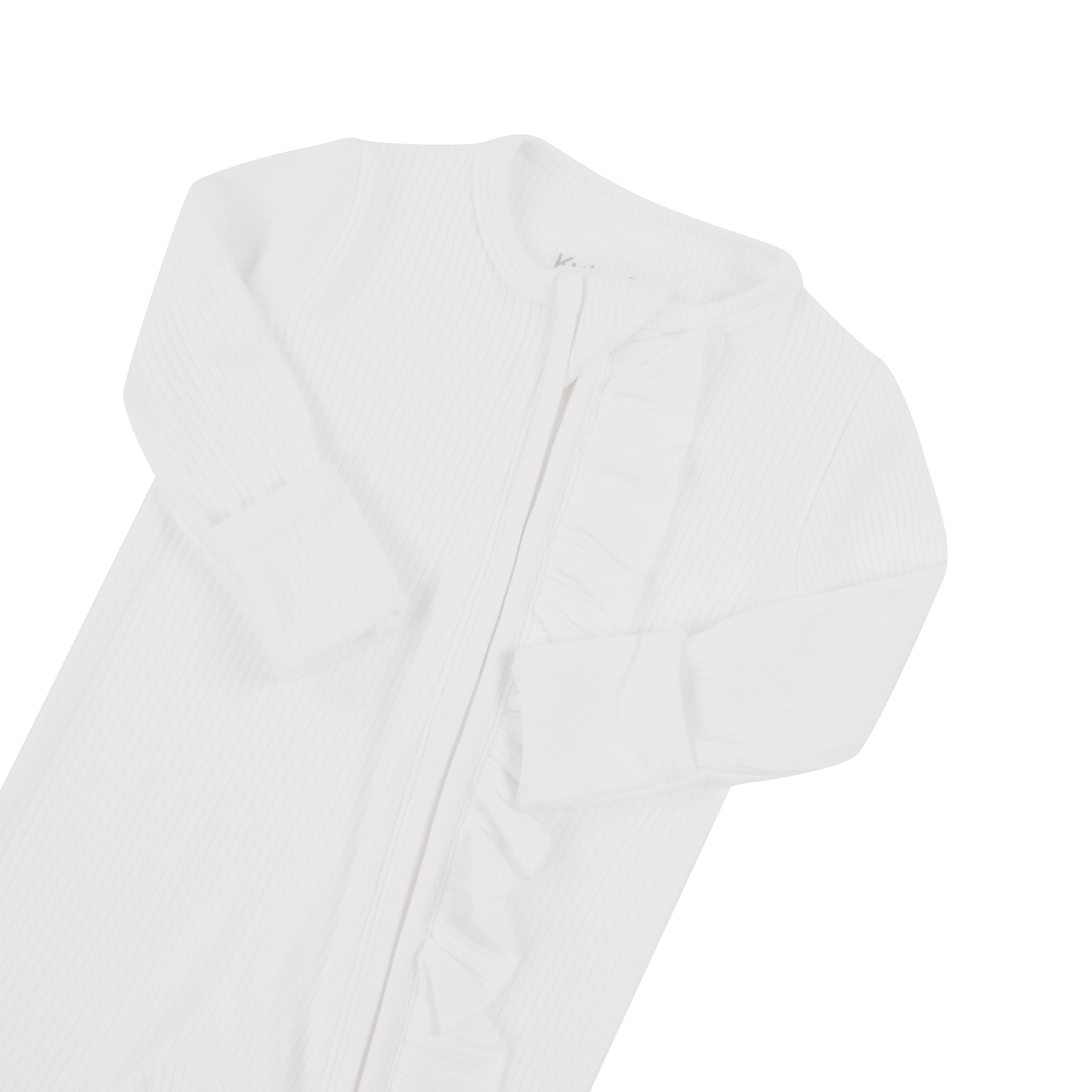 Fold over cuffs on Kyte Baby Ribbed Ruffle Zipper Romper in Cloud