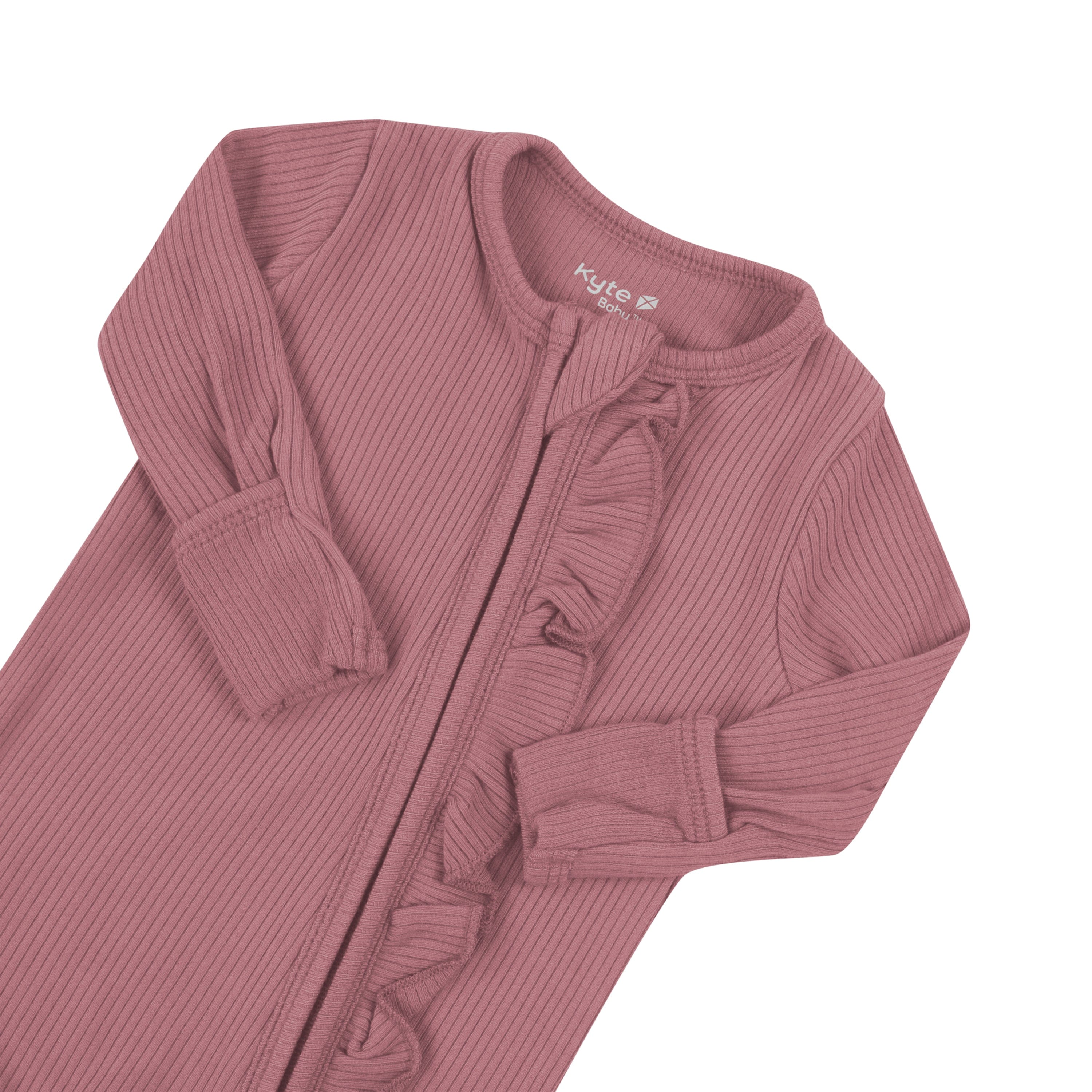 Fold over cuffs on Kyte Baby Ribbed Ruffle Zipper Romper in Dusty Rose
