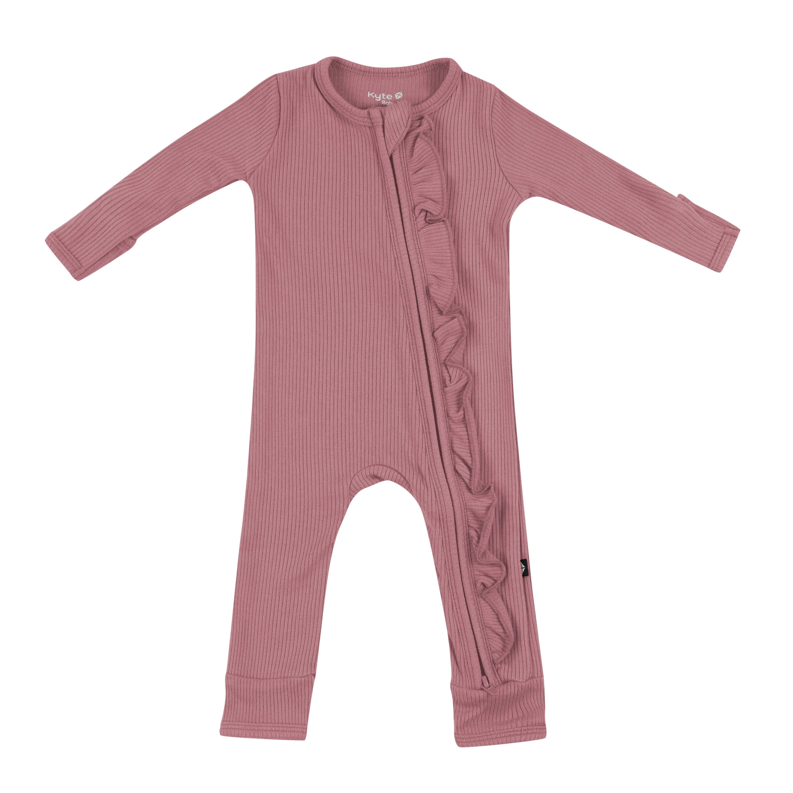 Kyte Baby Ribbed Ruffle Zipper Romper in Dusty Rose