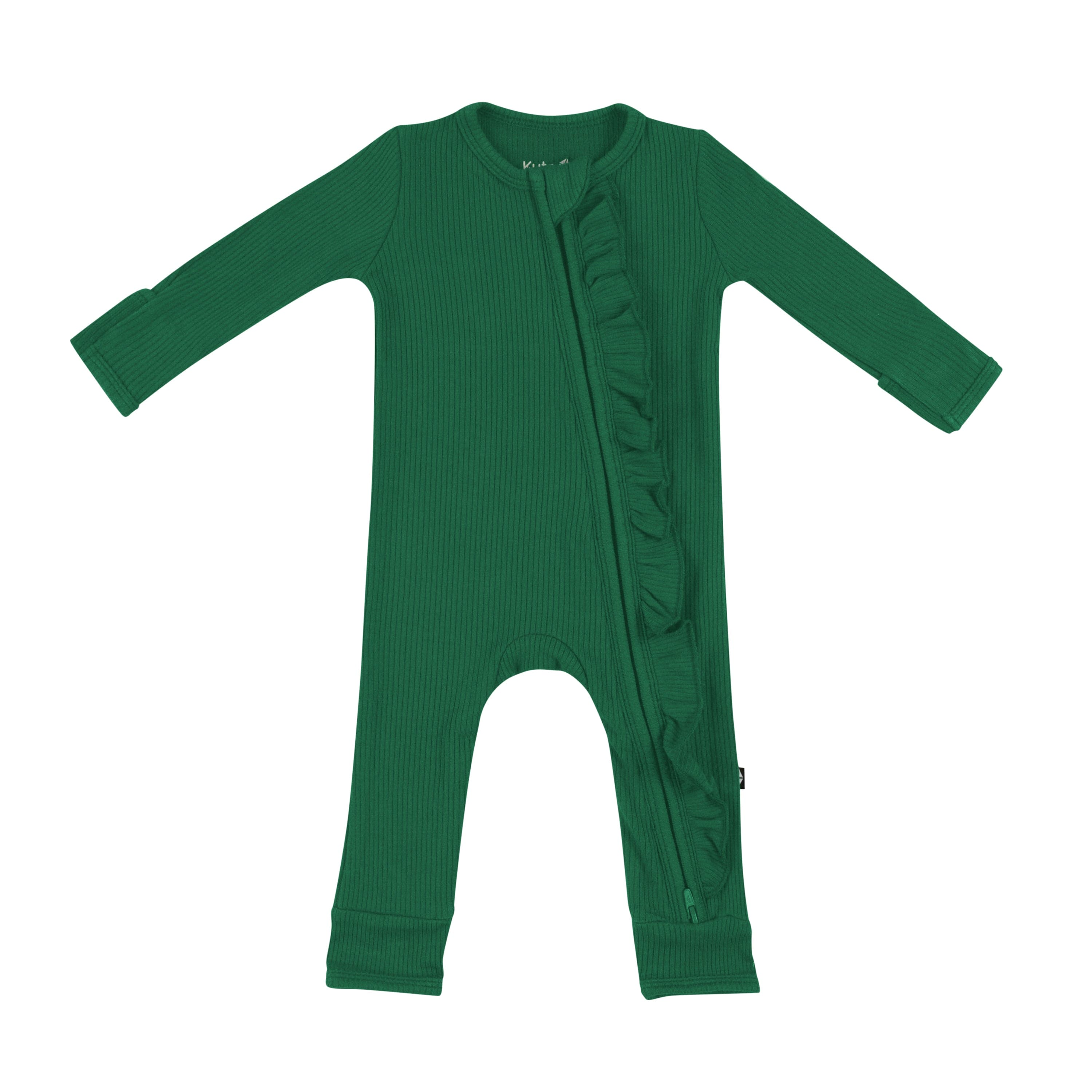 Kyte Baby Ribbed Ruffle Zipper Romper Ribbed Ruffle Zipper Romper in Forest