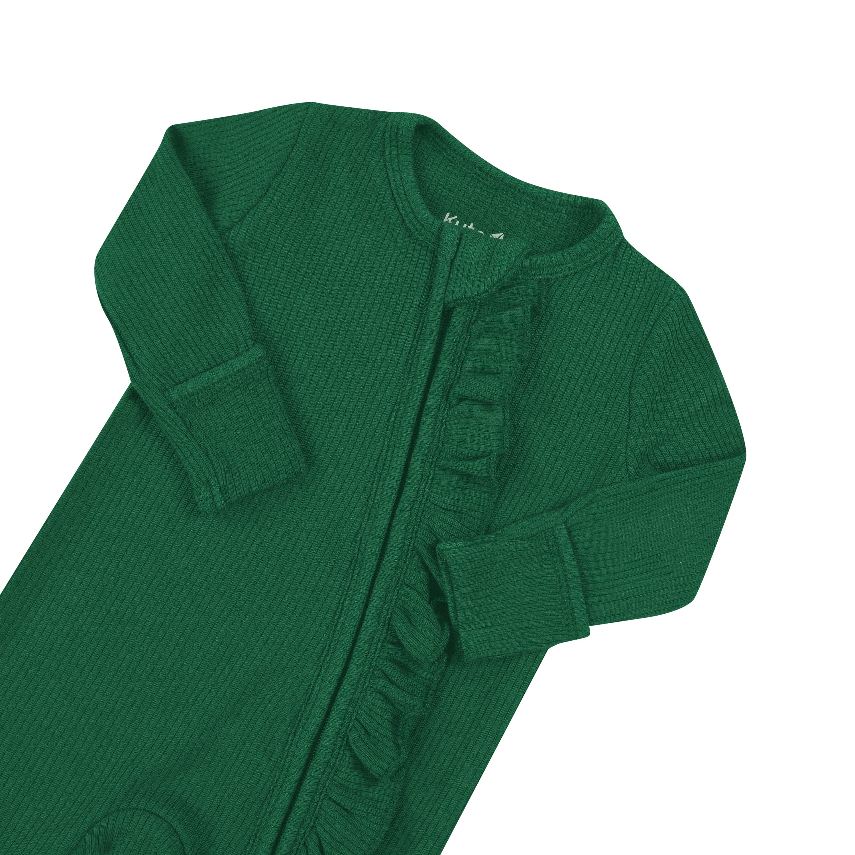 Kyte Baby Ribbed Ruffle Zipper Romper Ribbed Ruffle Zipper Romper in Forest