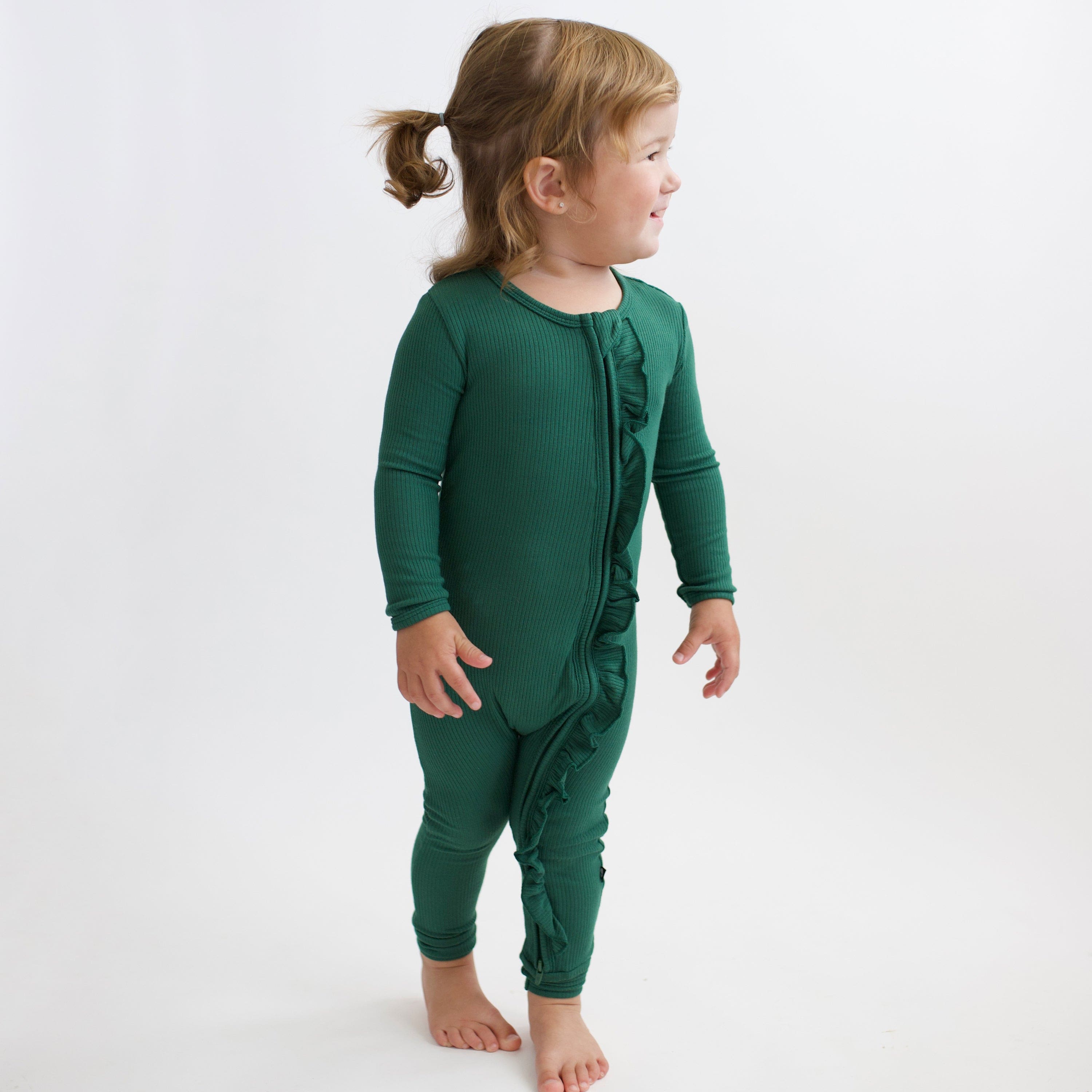 Kyte Baby Ribbed Ruffle Zipper Romper Ribbed Ruffle Zipper Romper in Forest