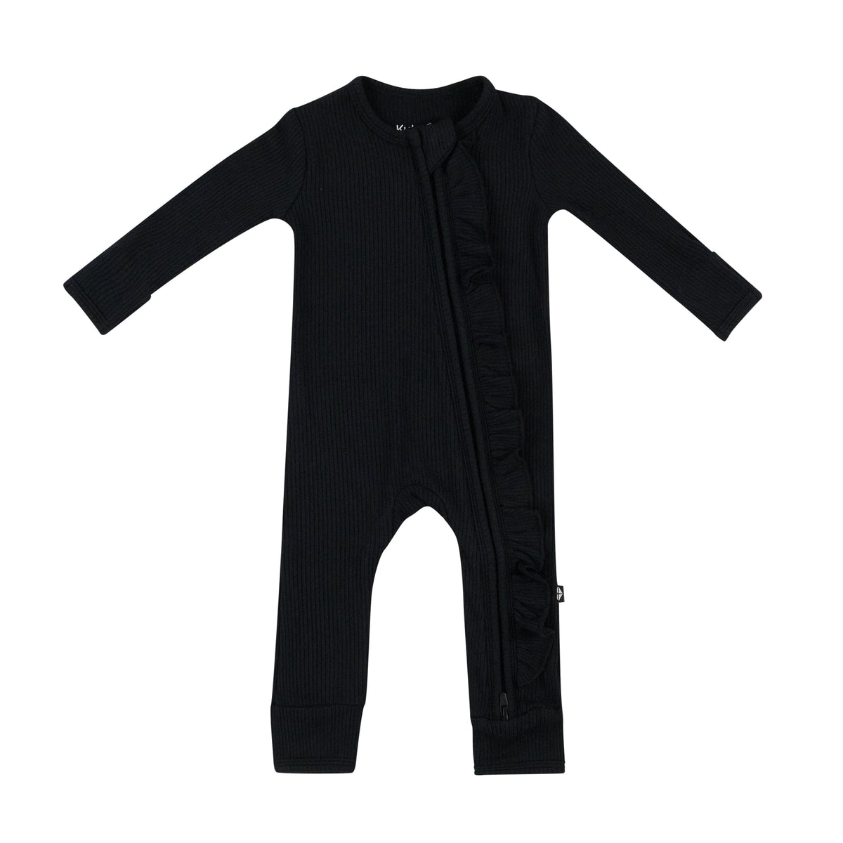 Kyte Baby Ribbed Ruffle Zipper Romper in Midnight