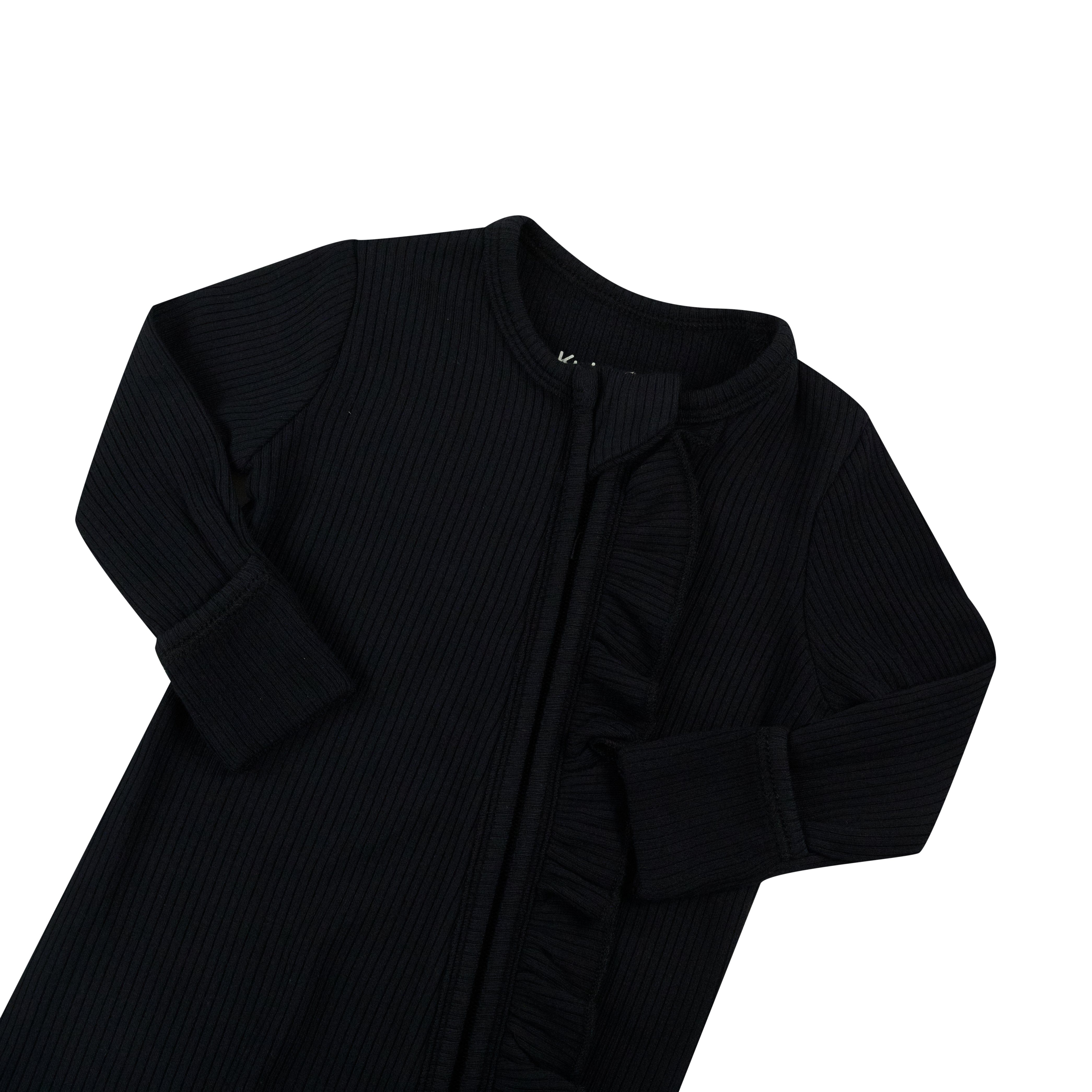 Fold over cuffs on Kyte Baby Ribbed Ruffle Zipper Romper in Midnight black