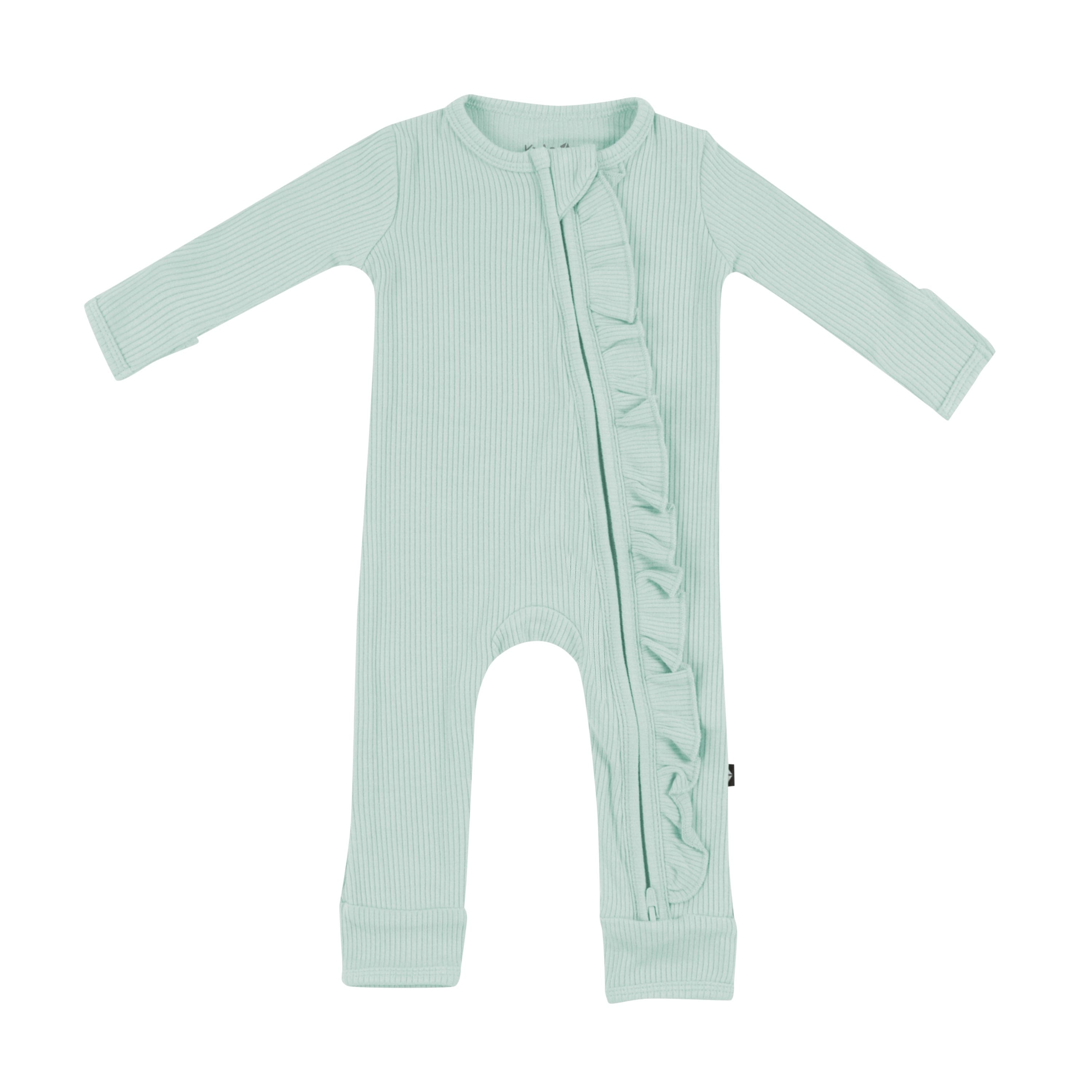Kyte Baby Ribbed Ruffle Zipper Romper in Sage