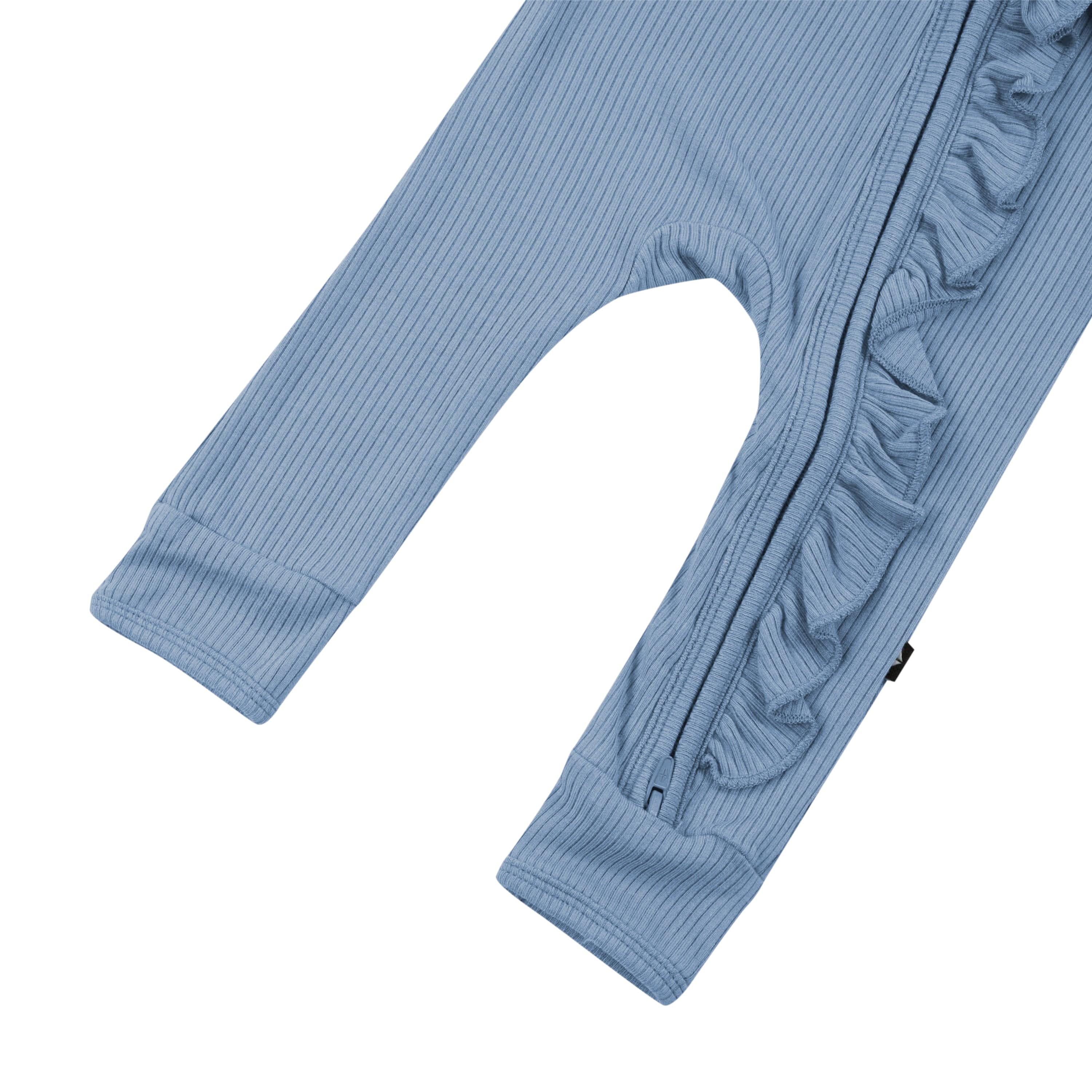 Open feet on Kyte Baby Ribbed Ruffle Zipper Romper in Slate