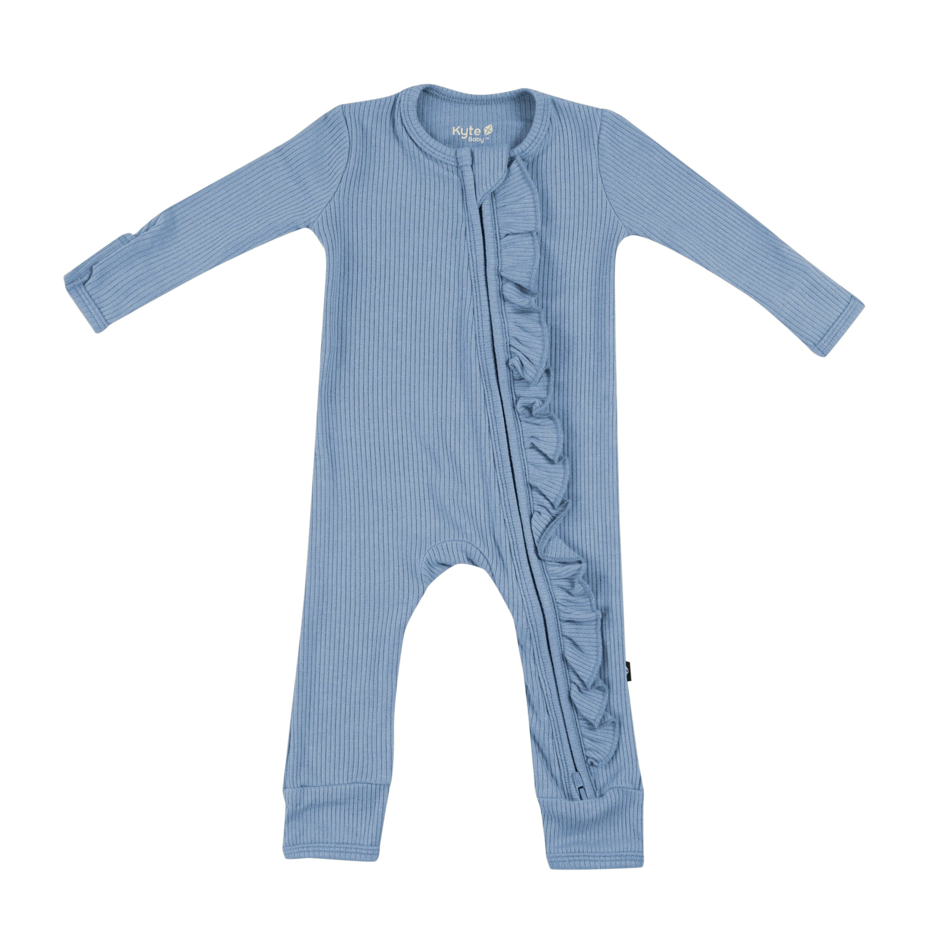 Kyte Baby Ribbed Ruffle Zipper Romper in Slate