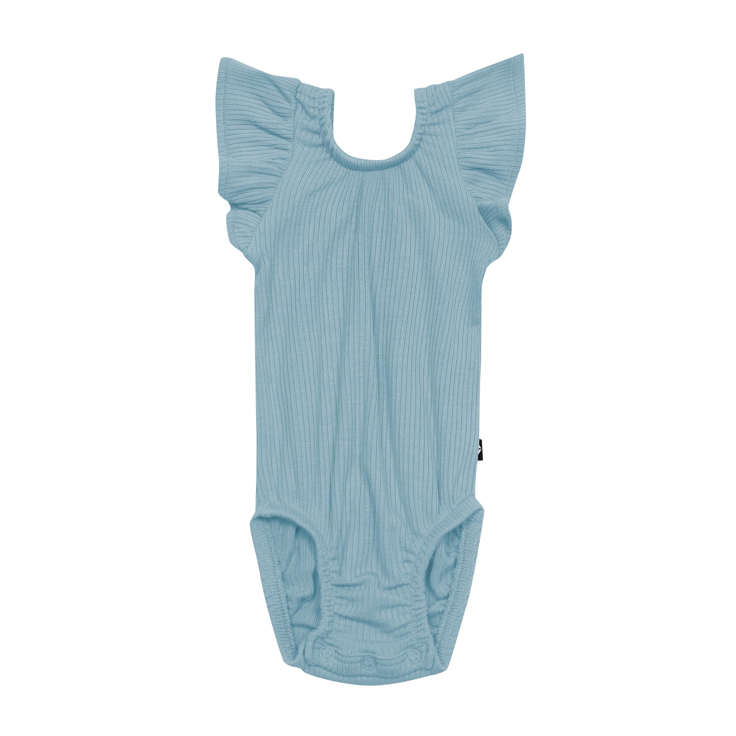 Kyte Baby Ribbed Sleeveless Ruffle Leotard in Dusty Blue