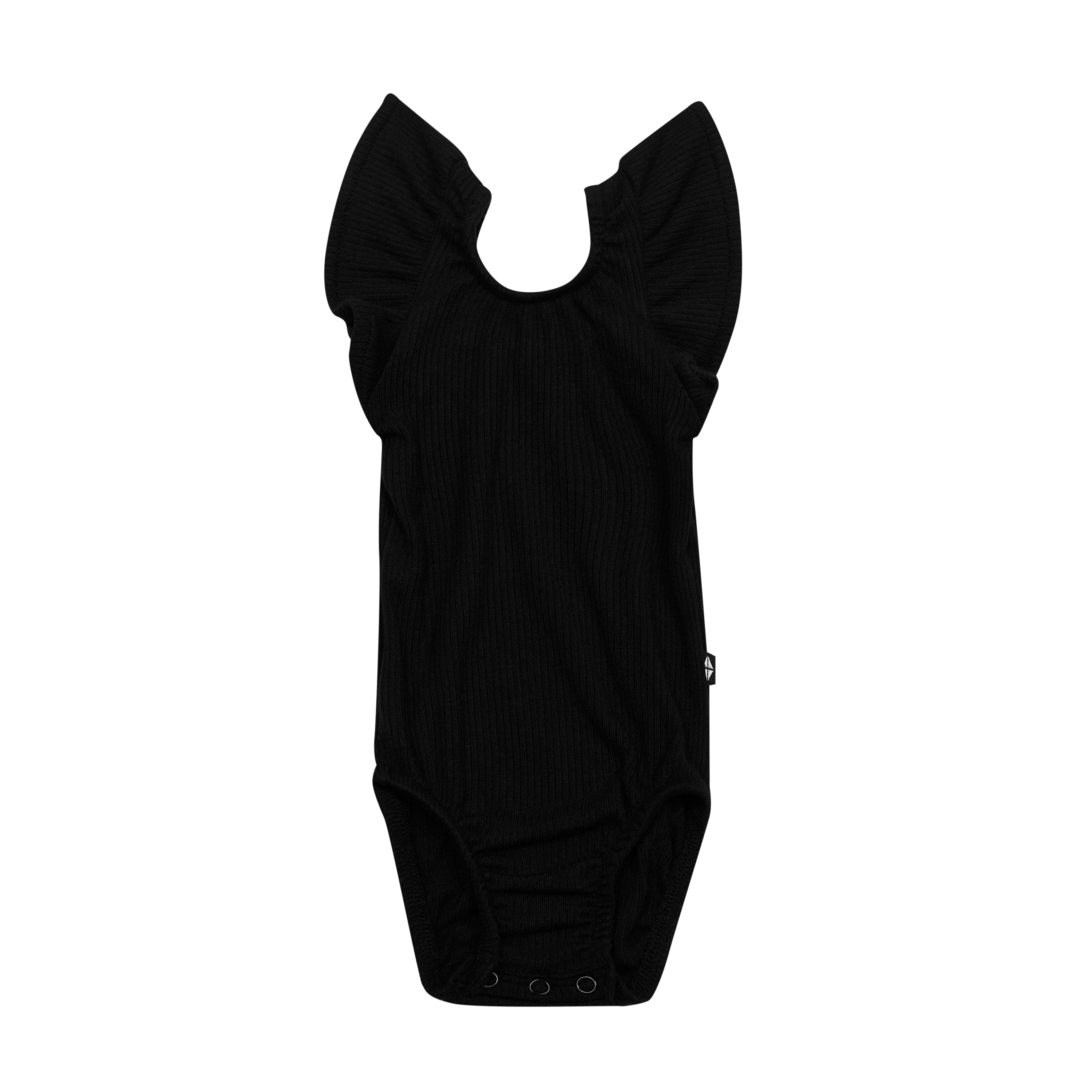 Kyte Baby Ribbed Sleeveless Ruffle Leotard in Midnight Black