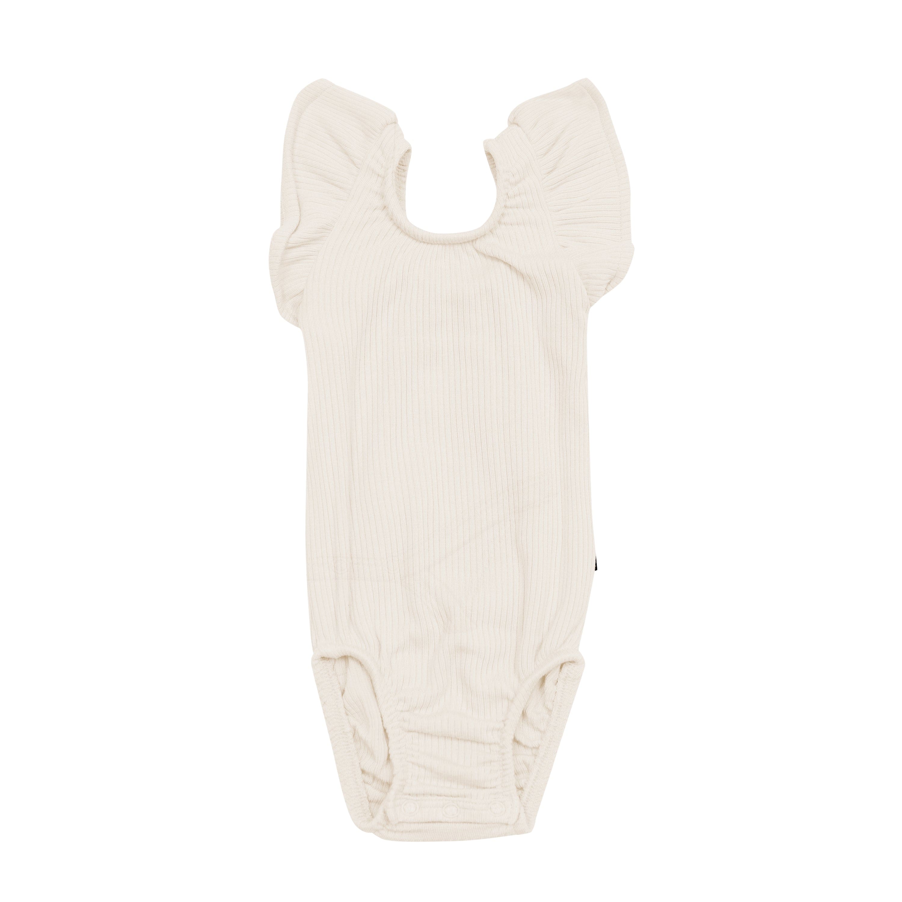 Kyte Baby Ribbed Sleeveless Ruffle Leotard in Oat