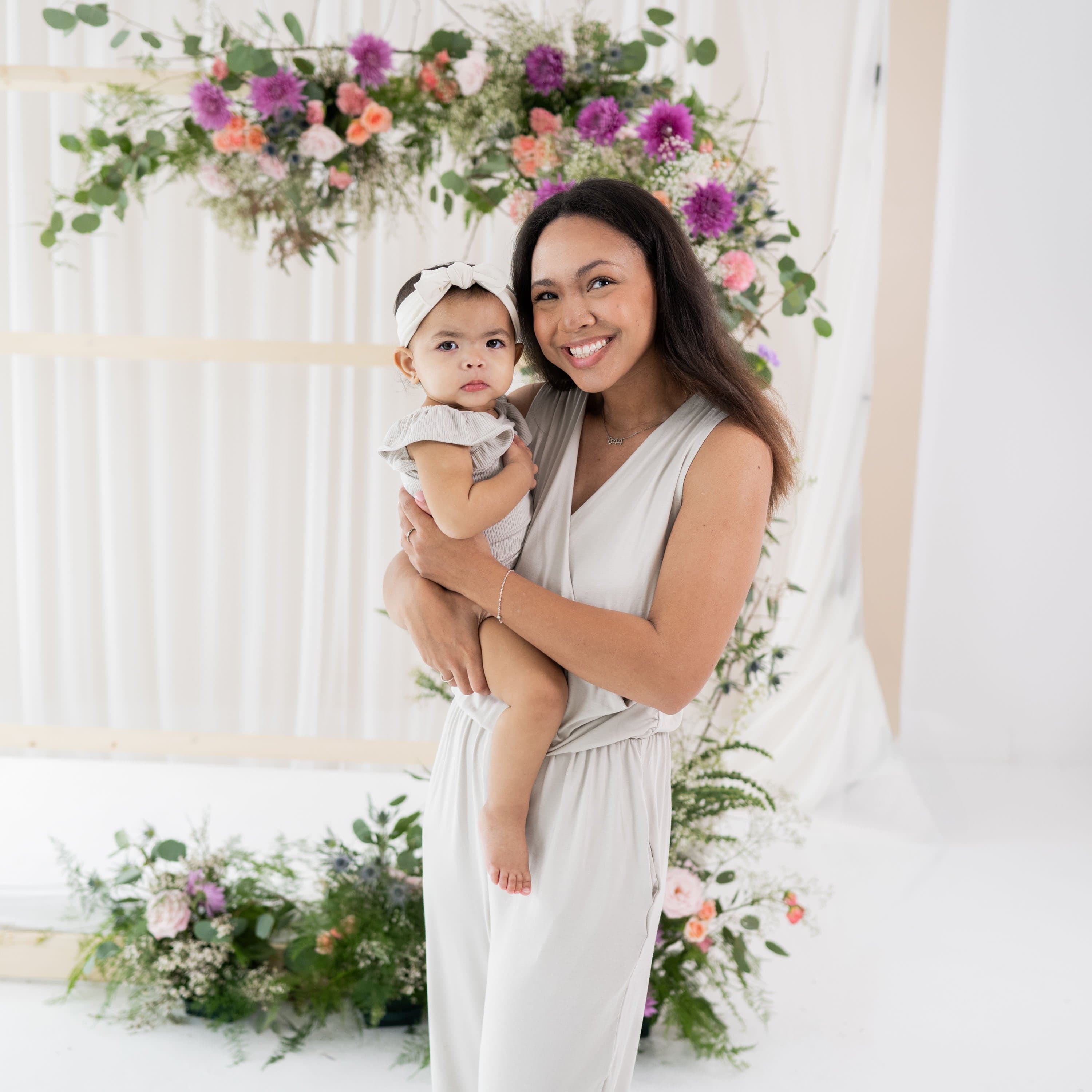Mom and daughter wearing Kyte Baby matching mommy and me outfits in Oat
