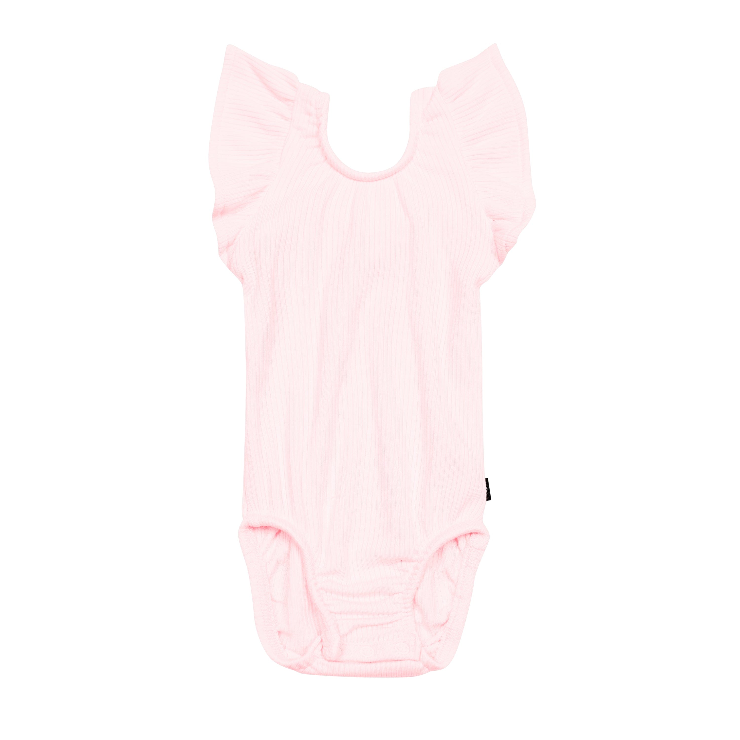 Kyte Baby Ribbed Sleeveless Ruffle Leotard in Sakura pink