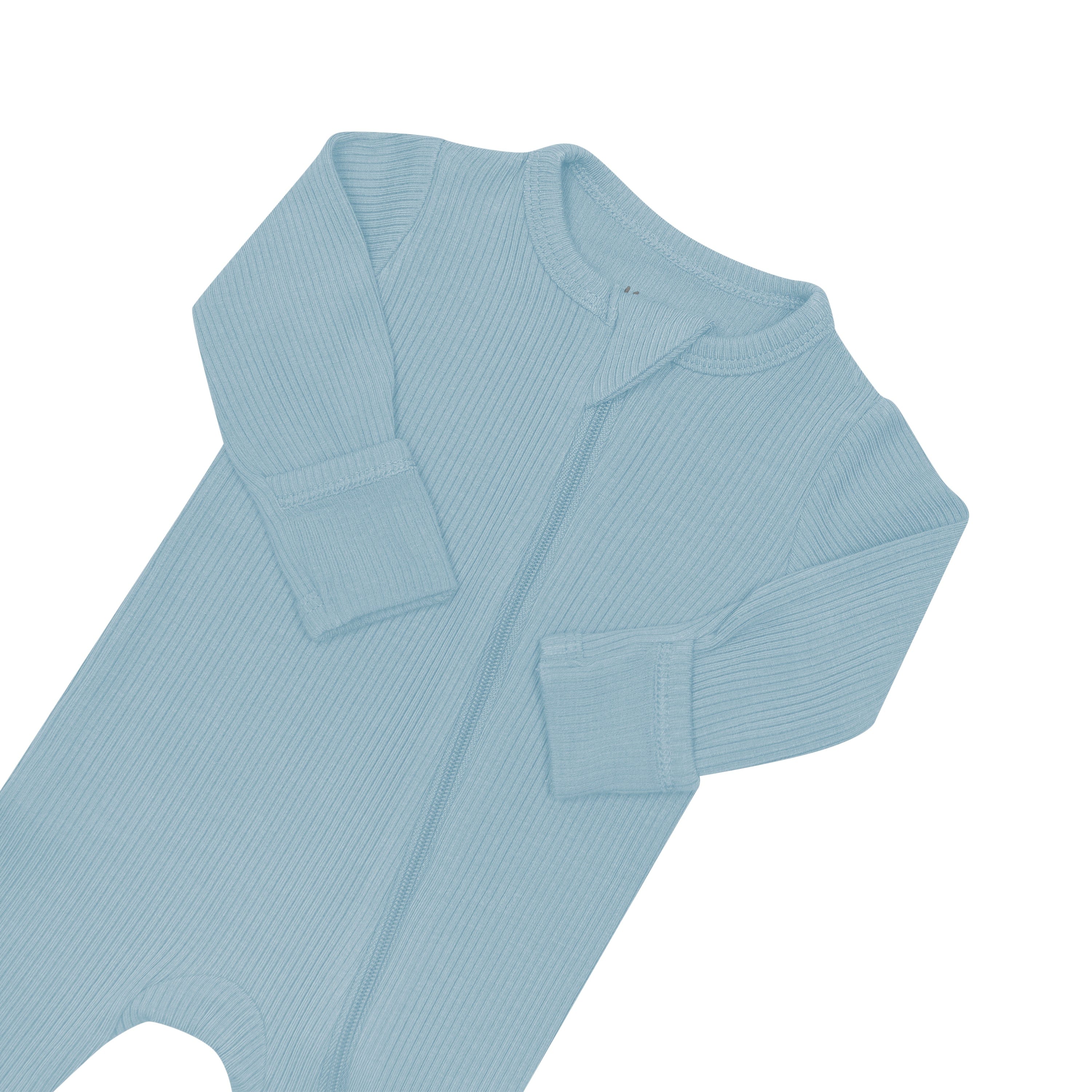 Fold-over cuffs on Kyte Baby Ribbed Zipper Footie in Dusty Blue