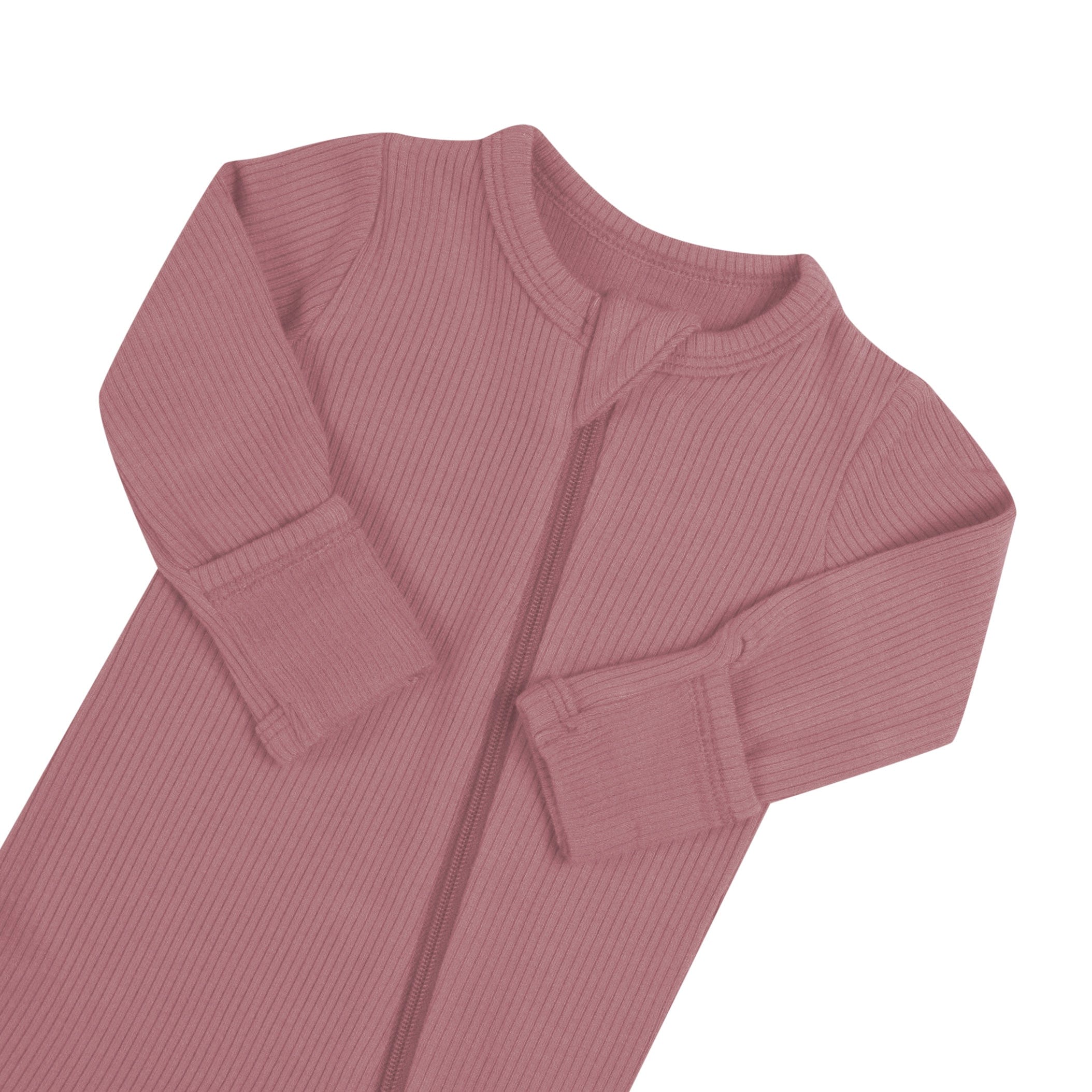 Zipper garage on Kyte Baby bamboo Ribbed Zippered Romper in Dusty Rose