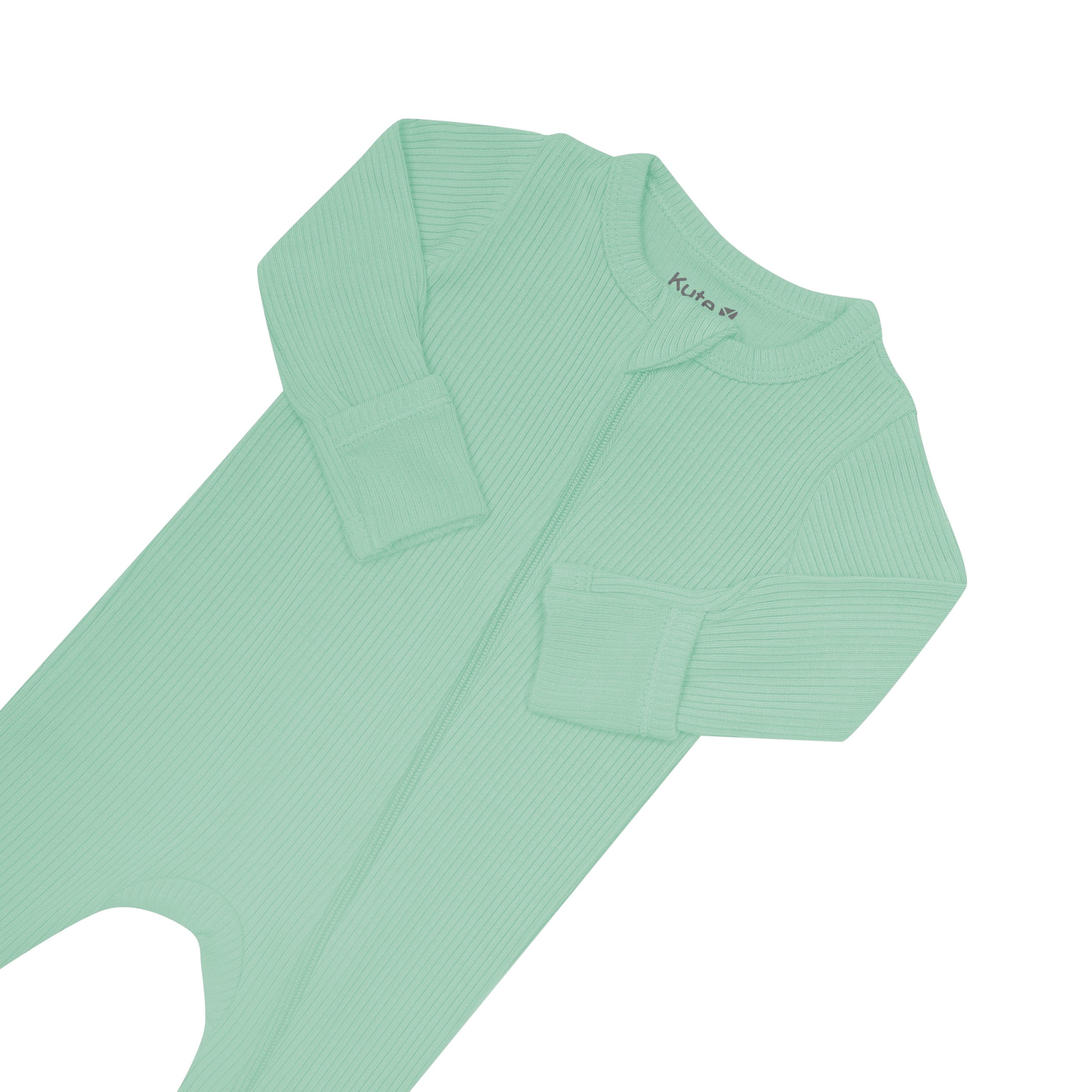 Fold-over cuffs on Kyte Baby Ribbed Zipper Footie in Wasabi green