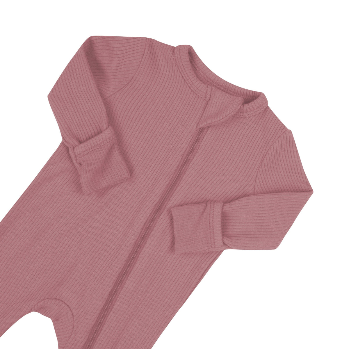 Fold over cuffs on Kyte Baby Ribbed Zippered Romper in Dusty Rose