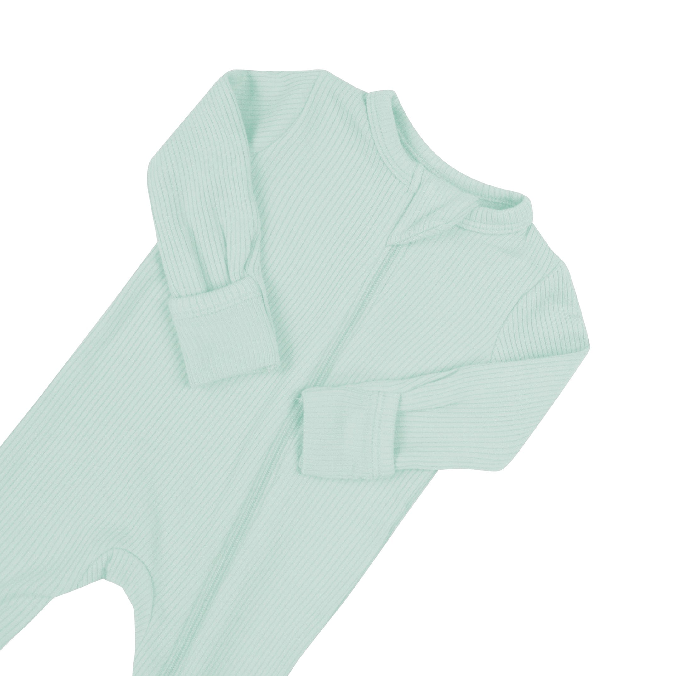 Zipper garage and fold over cuffs on Kyte Baby Ribbed Zippered Romper in Sage