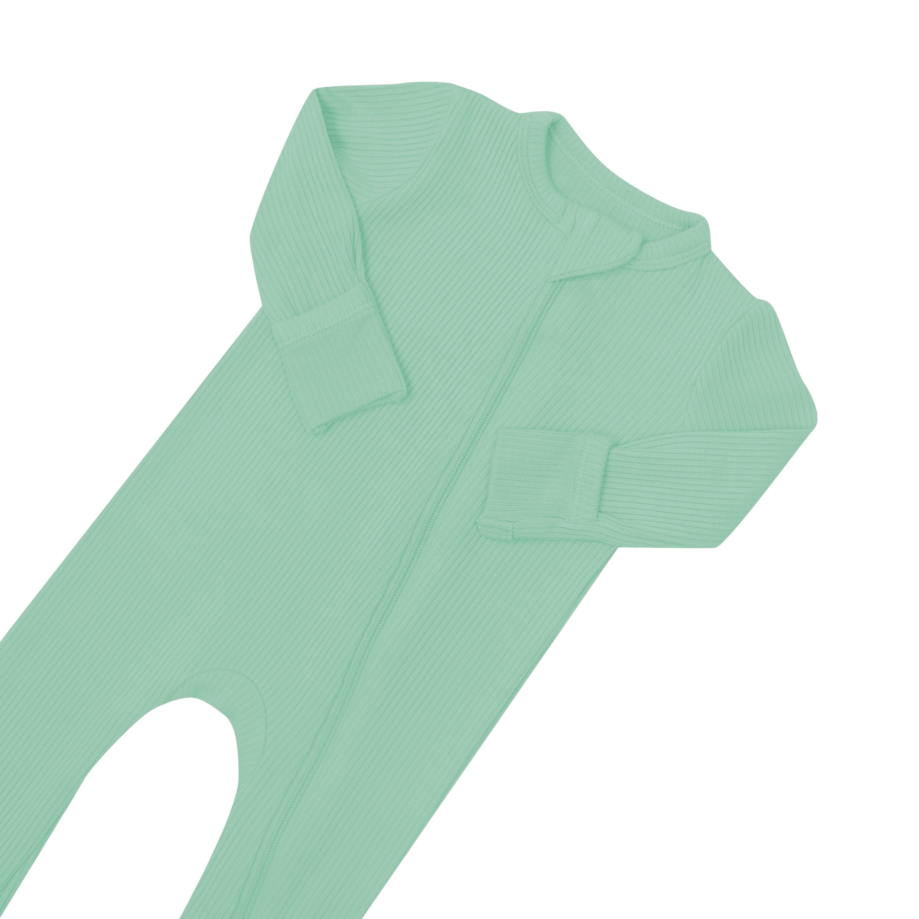 Fold over cuffs on Kyte Baby Ribbed Zippered Romper in Wasabi