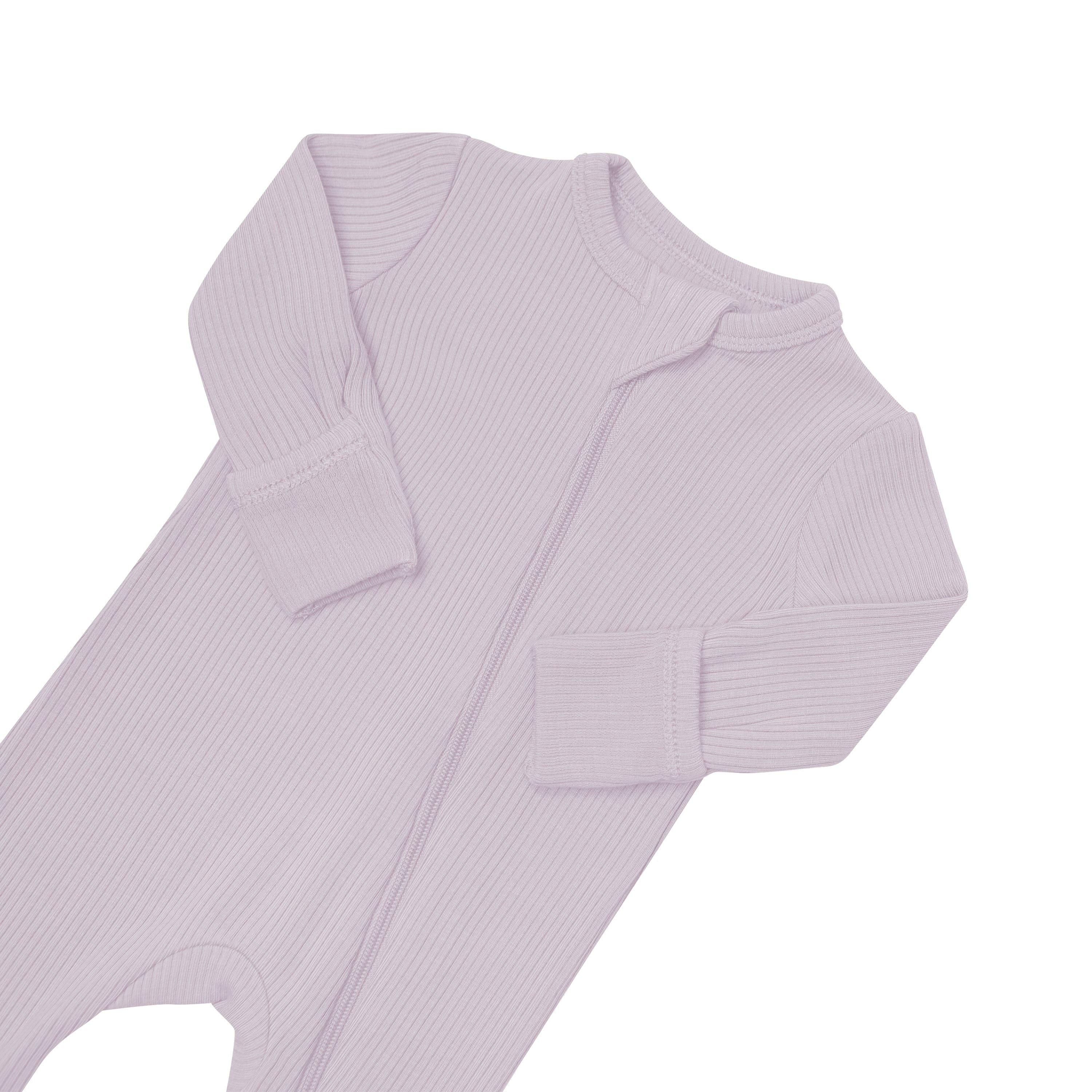 Fold over cuffs on Kyte Baby Ribbed Zippered Romper in Wisteria