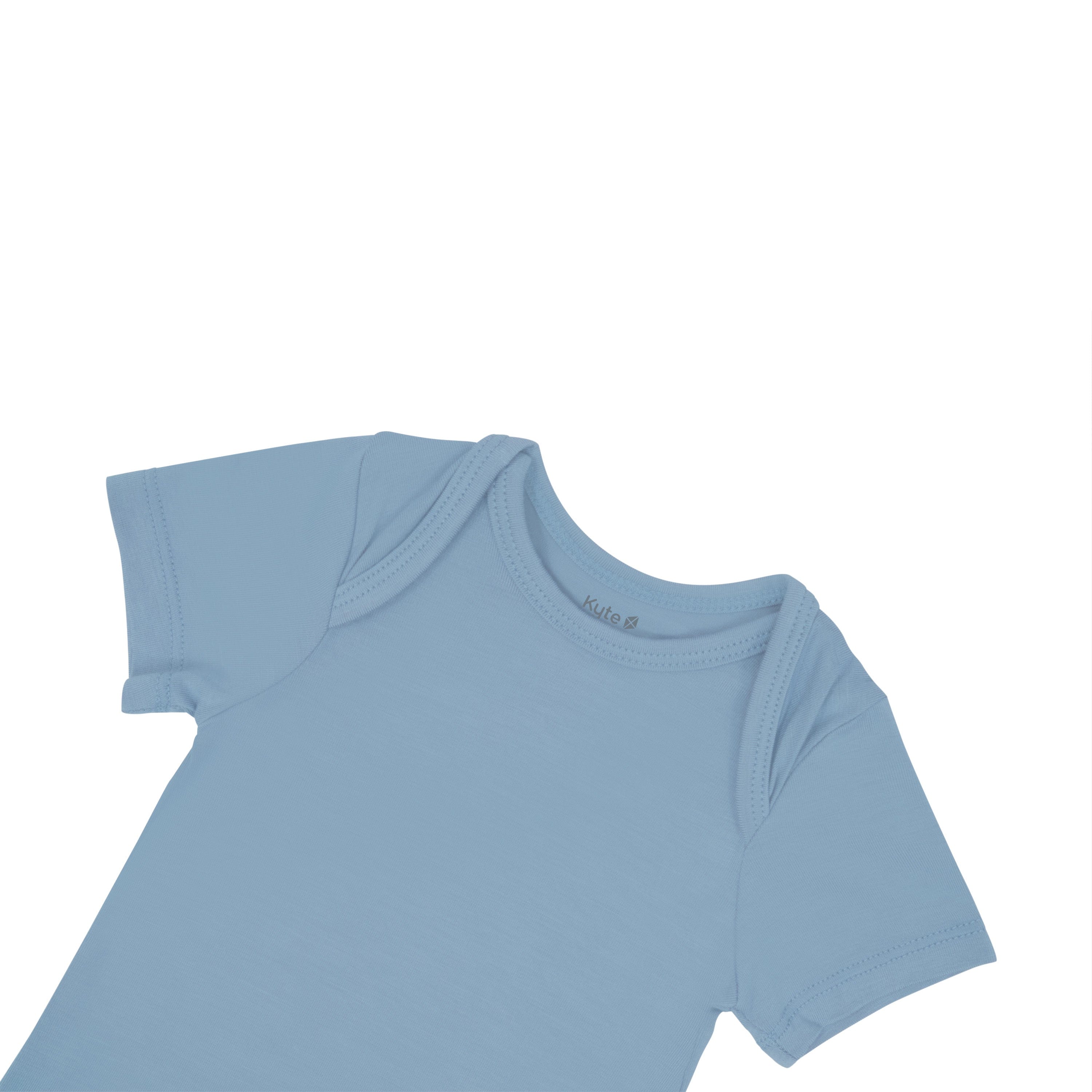 Close up of top portion of Kyte Baby Short Sleeve Bodysuit in Slate