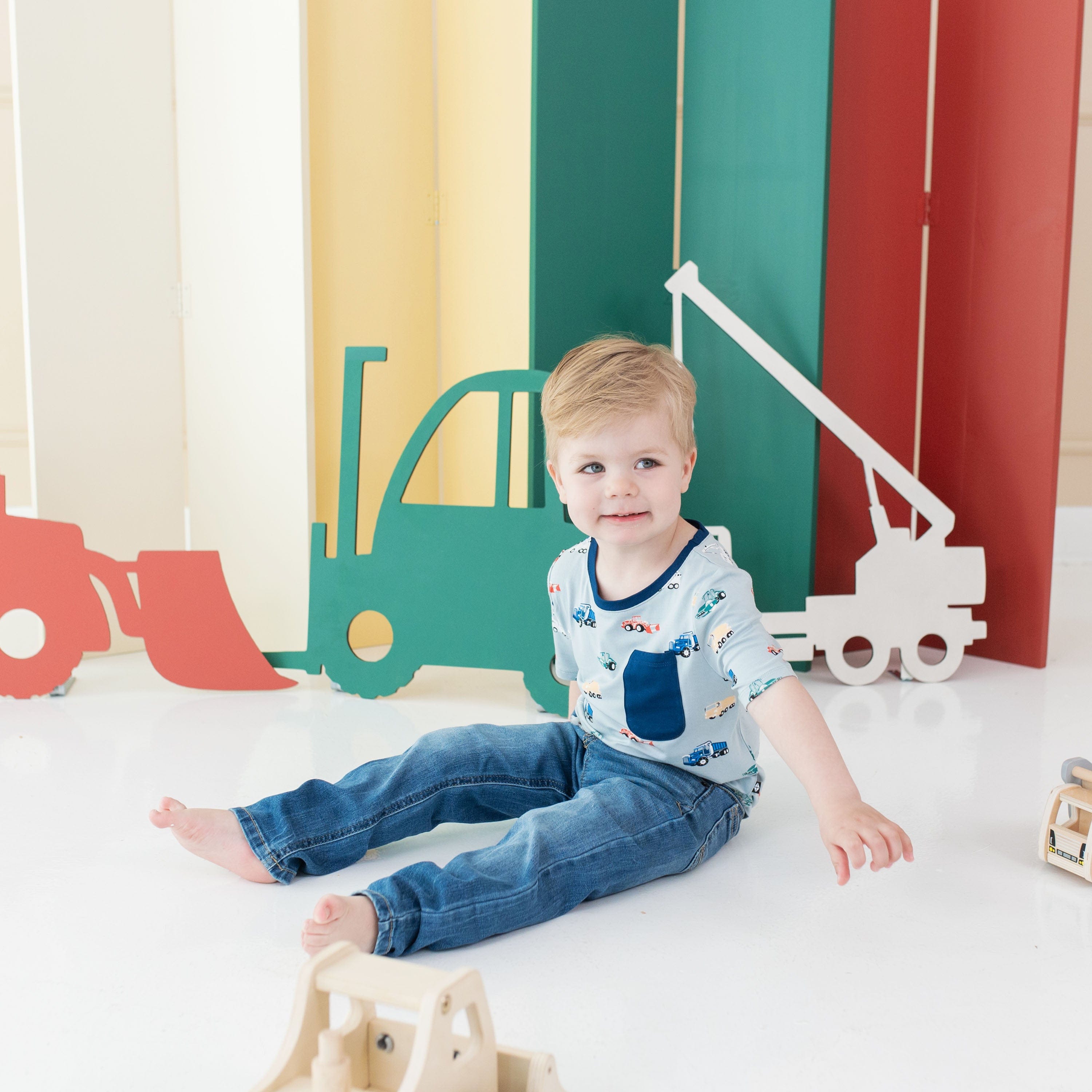 Toddler wearing Kyte Baby bamboo Toddler Crew Neck Tee in Construction