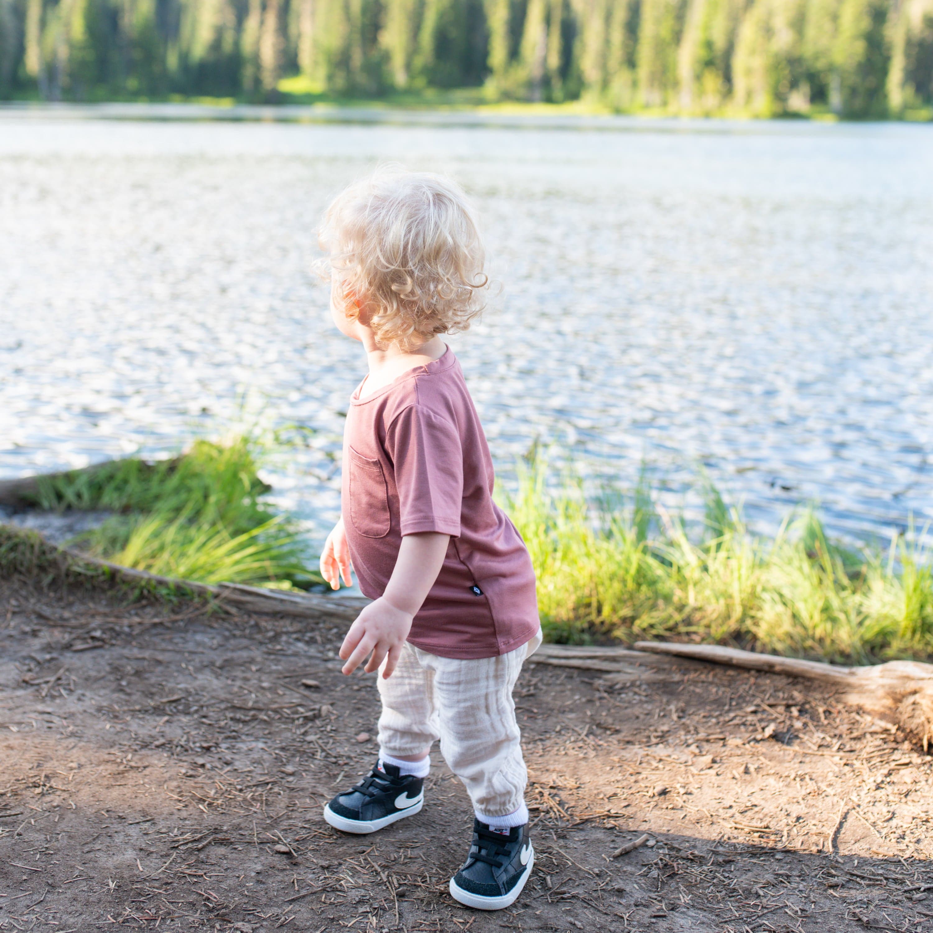 Toddler wearing Kyte Baby bamboo Toddler Crew Neck Tee in Dusty Rose