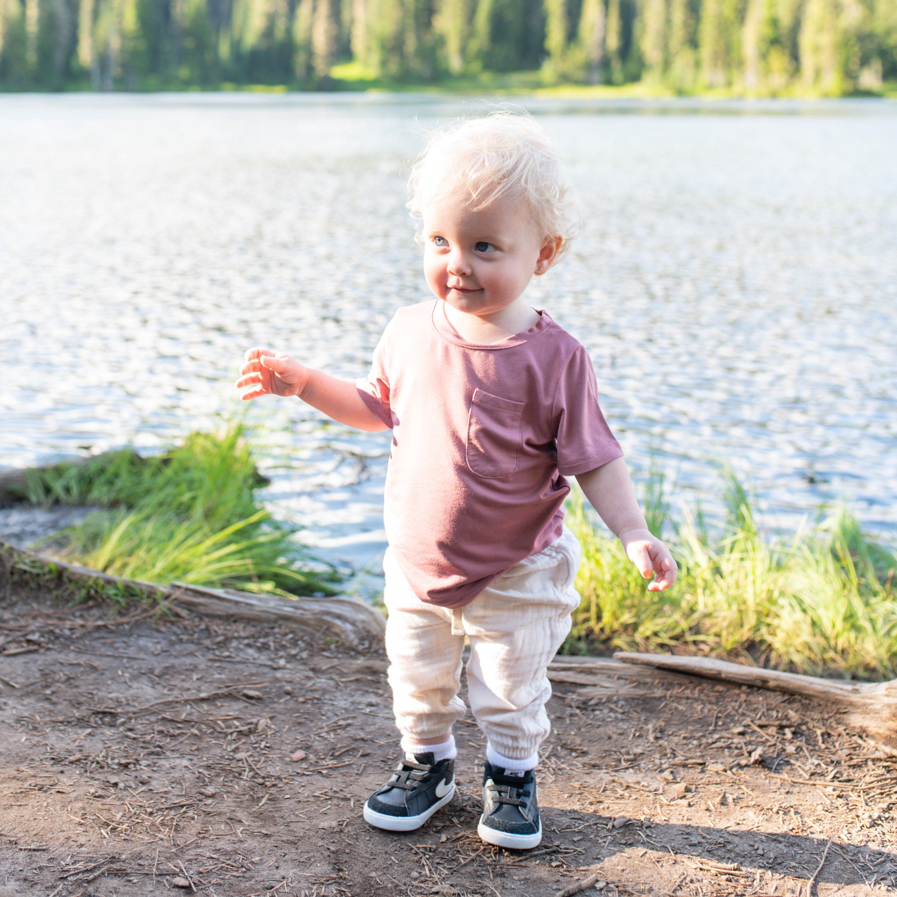 Child wearing Kyte Baby Toddler Crew Neck Tee in Dusty Rose