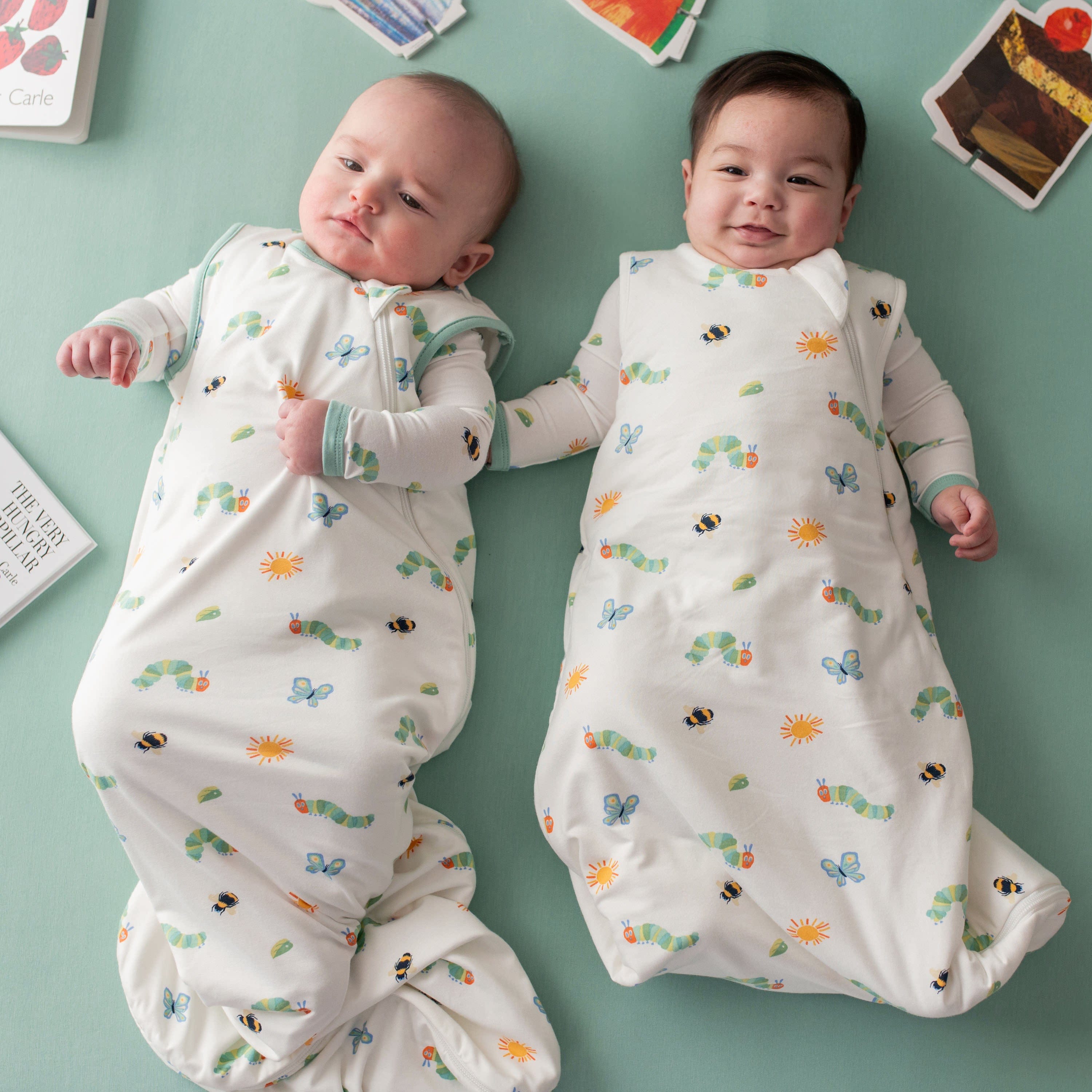Babies wearing Kyte Baby sleep bags TOG 0.5 in The Very Hungry Caterpillar™ and Friends