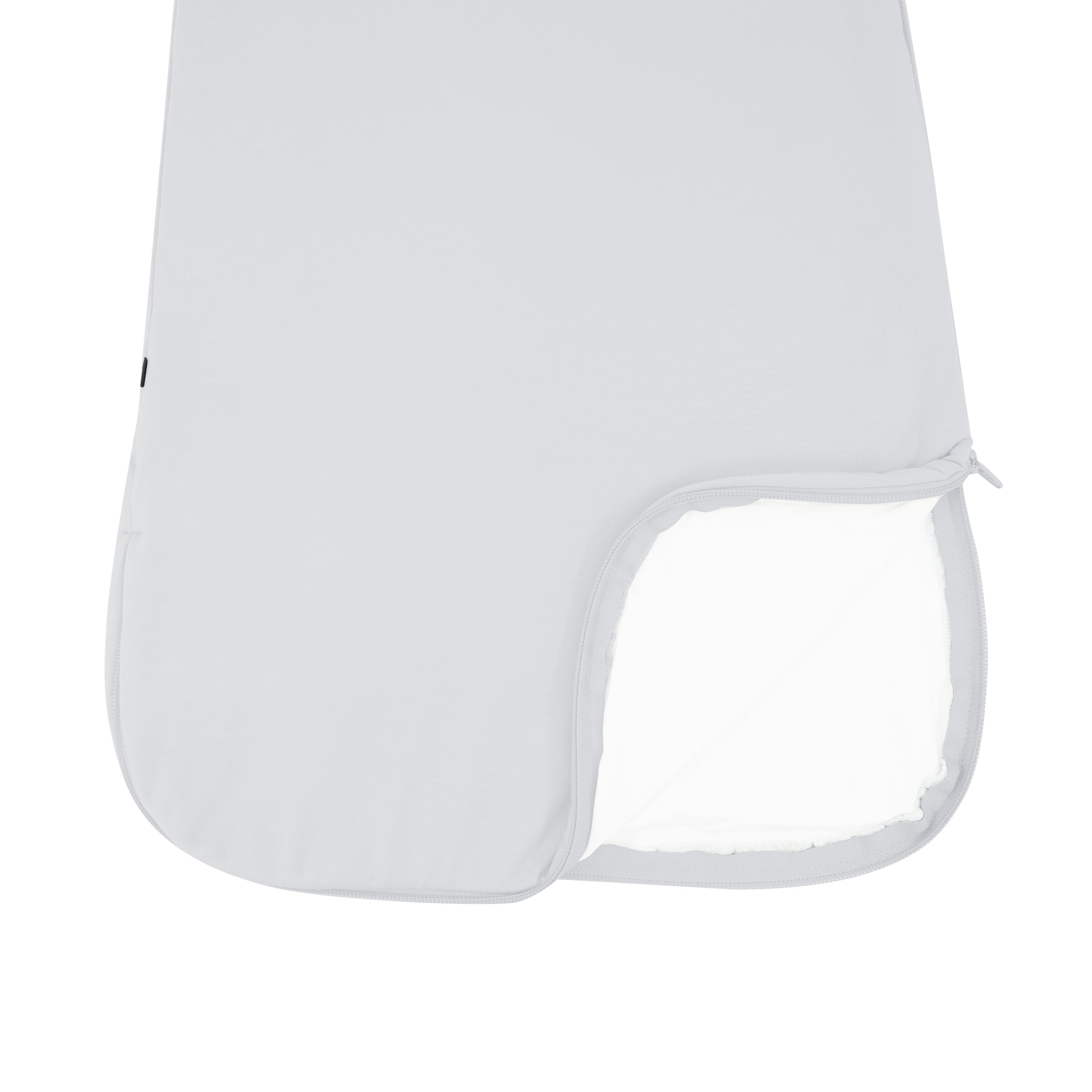 Close up of unzipped dual zipper on Kyte Baby Sleep Bag in Storm 1.0