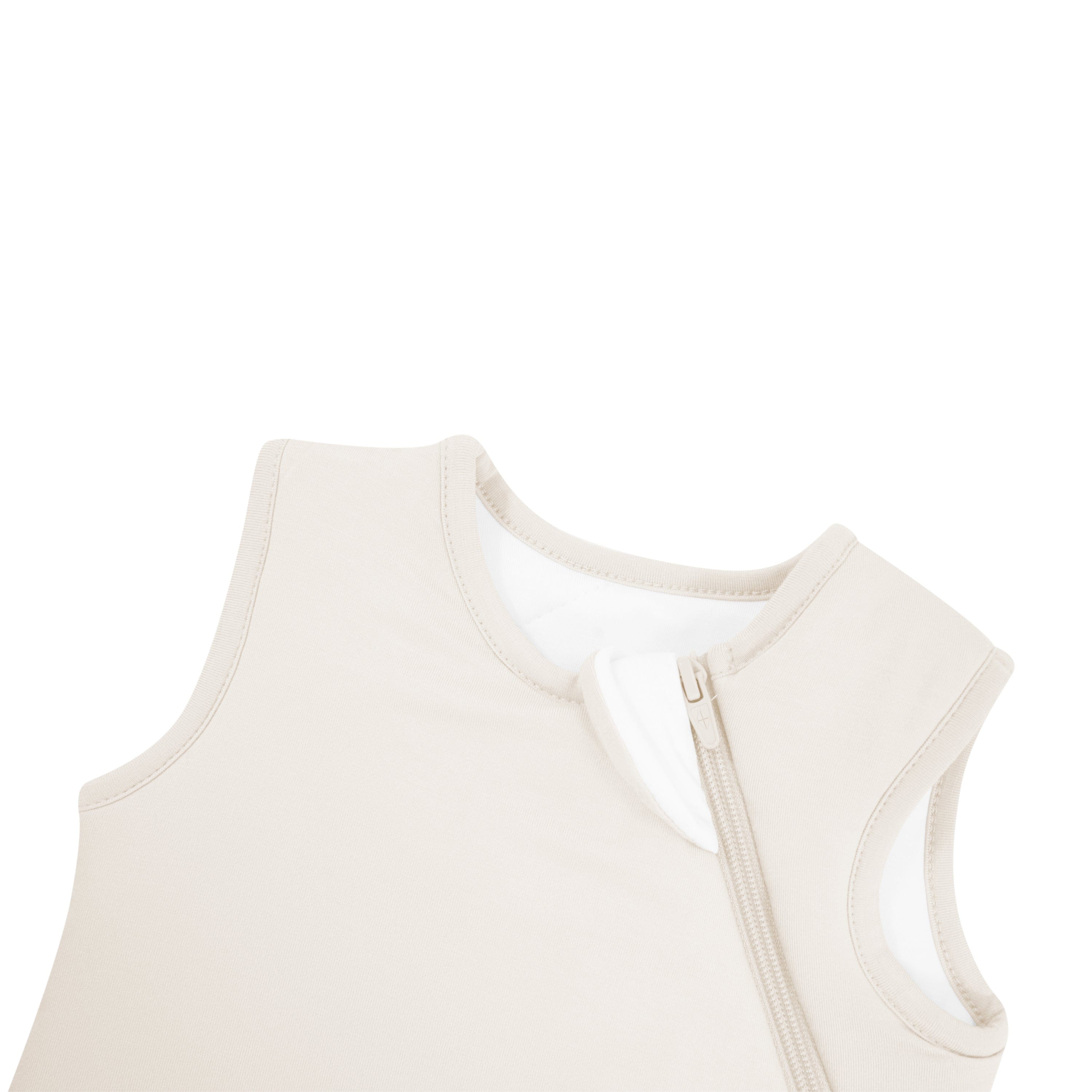 Close up of zipper garage on Kyte Baby Sleep Bag in Oat 2.5