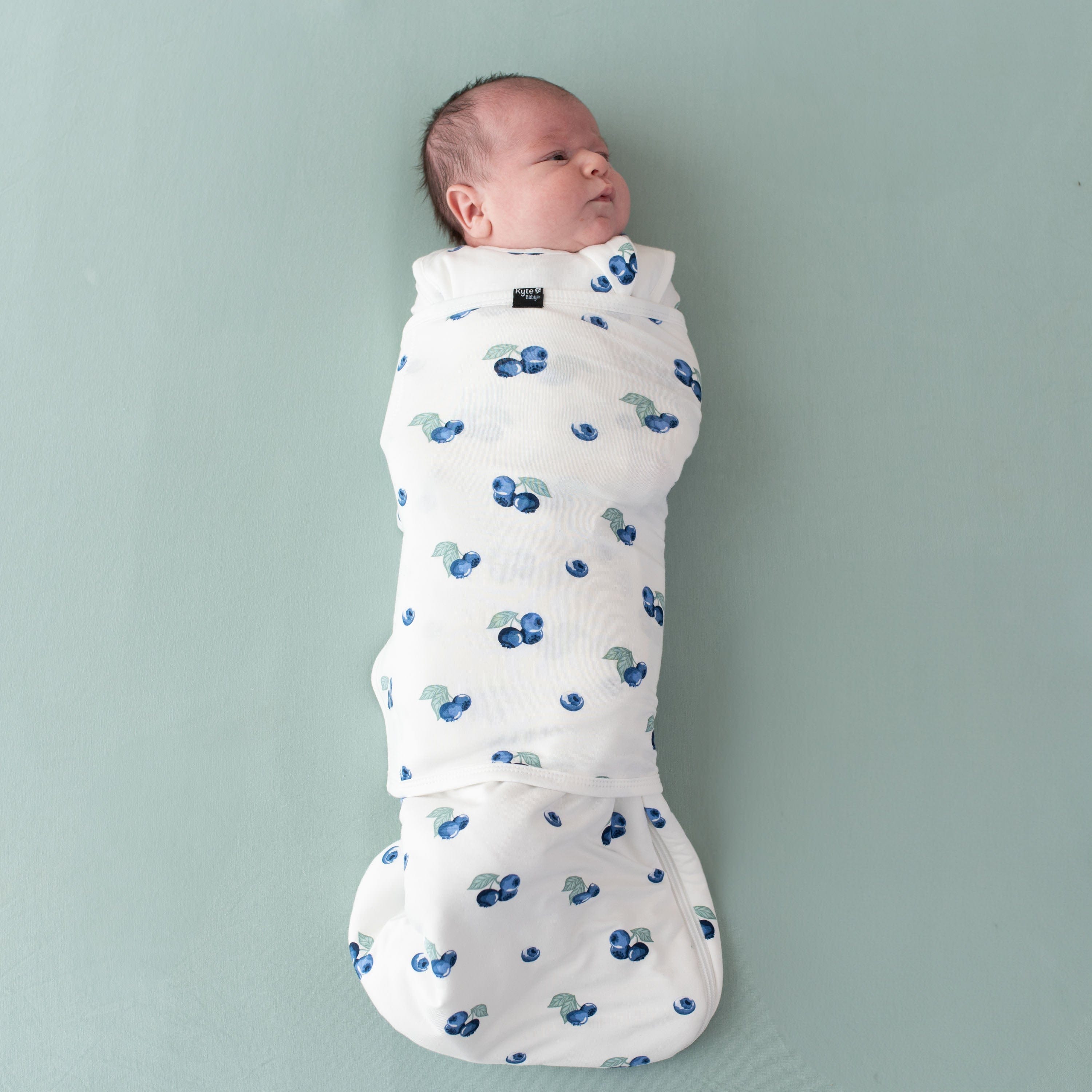 Newborn wearing Kyte Baby Sleep Bag Swaddler in Blueberry with elastic band