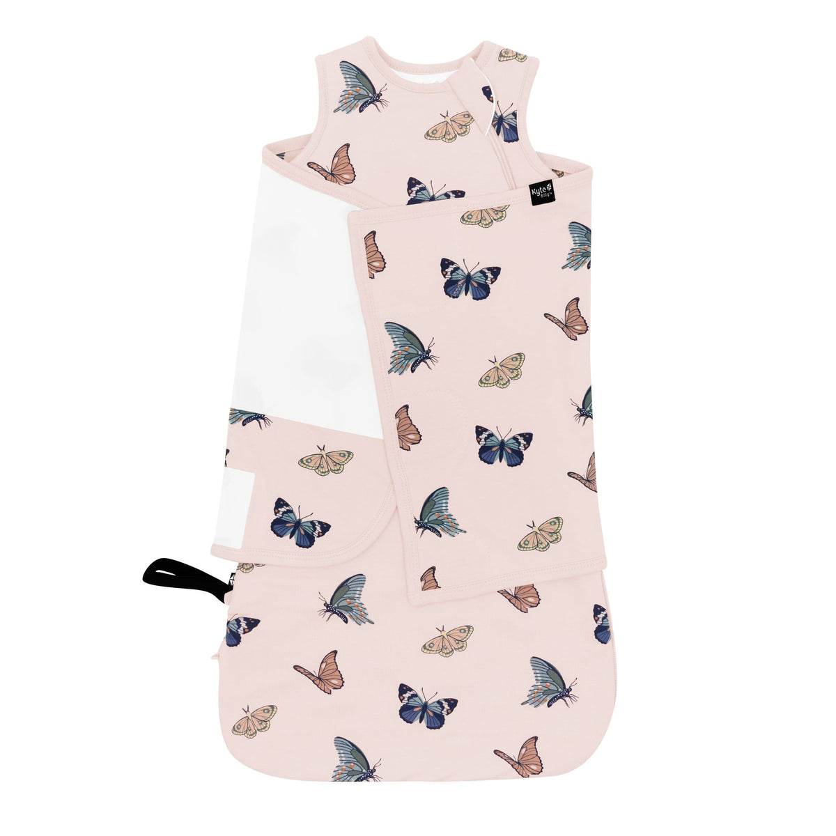 Kyte Baby Sleep Bag Swaddler in Blush Butterfly 1.0 shown swaddled