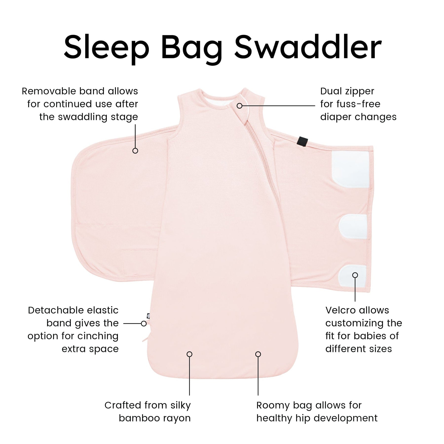 Kyte Baby Sleep Bag Swaddler in Blush with benefits listed