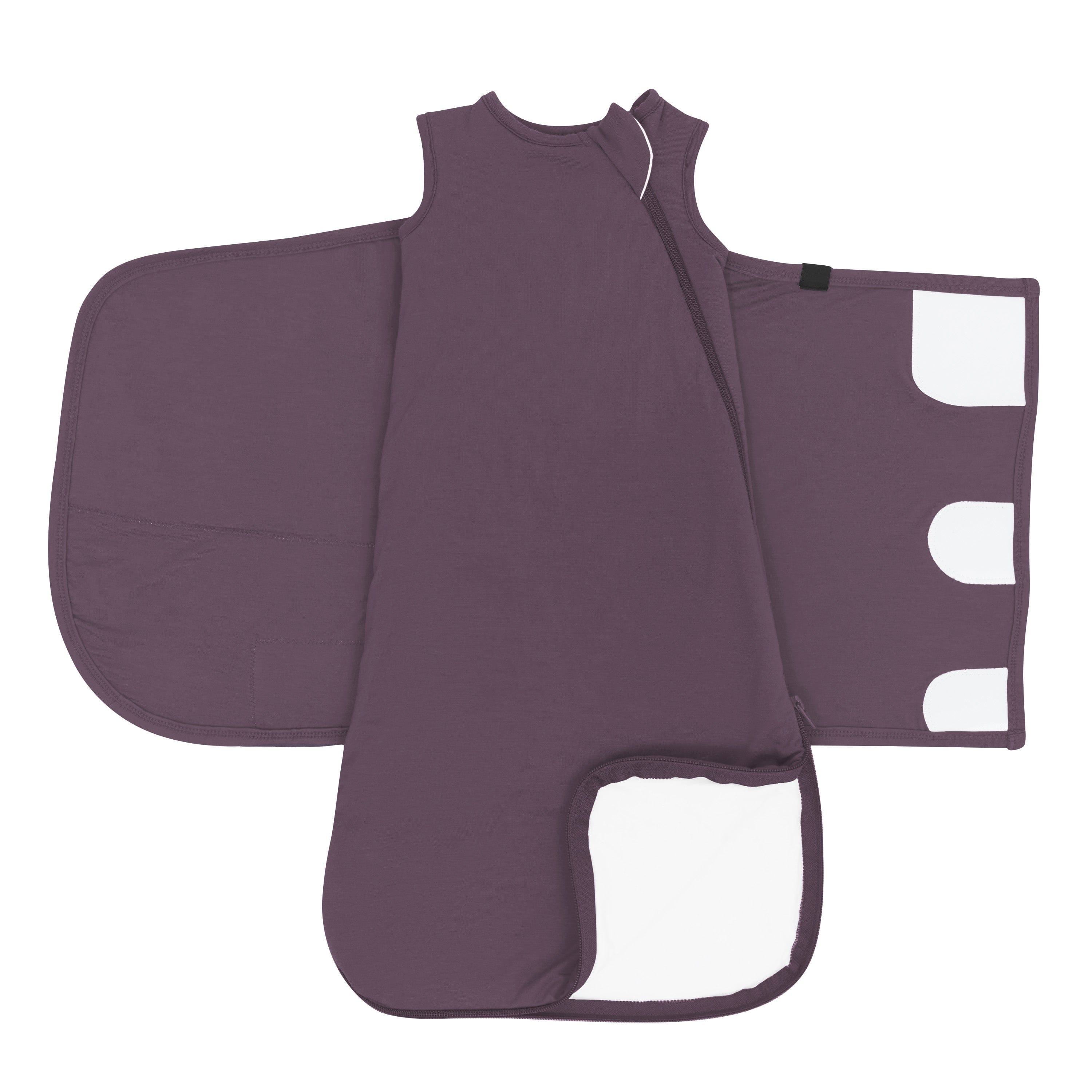 Dual zipper and Valcro adjustment on purple Sleep Bag Swaddler in Currant 1.0