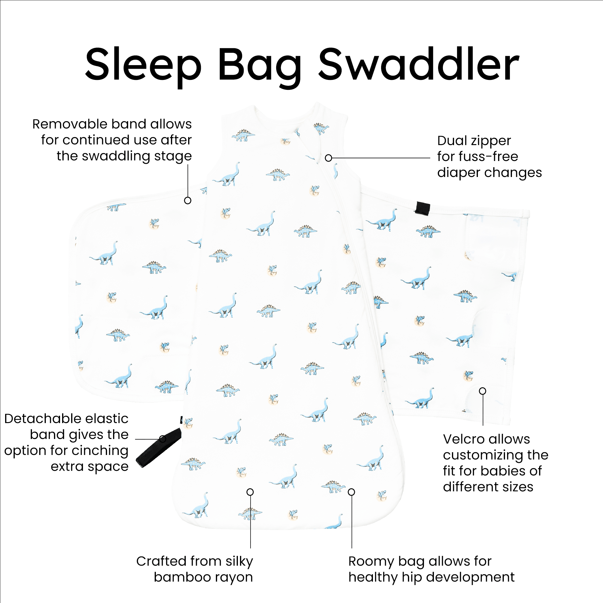 Kyte Baby Sleep Bag Swaddler in Jurassic dino print with benefits listed