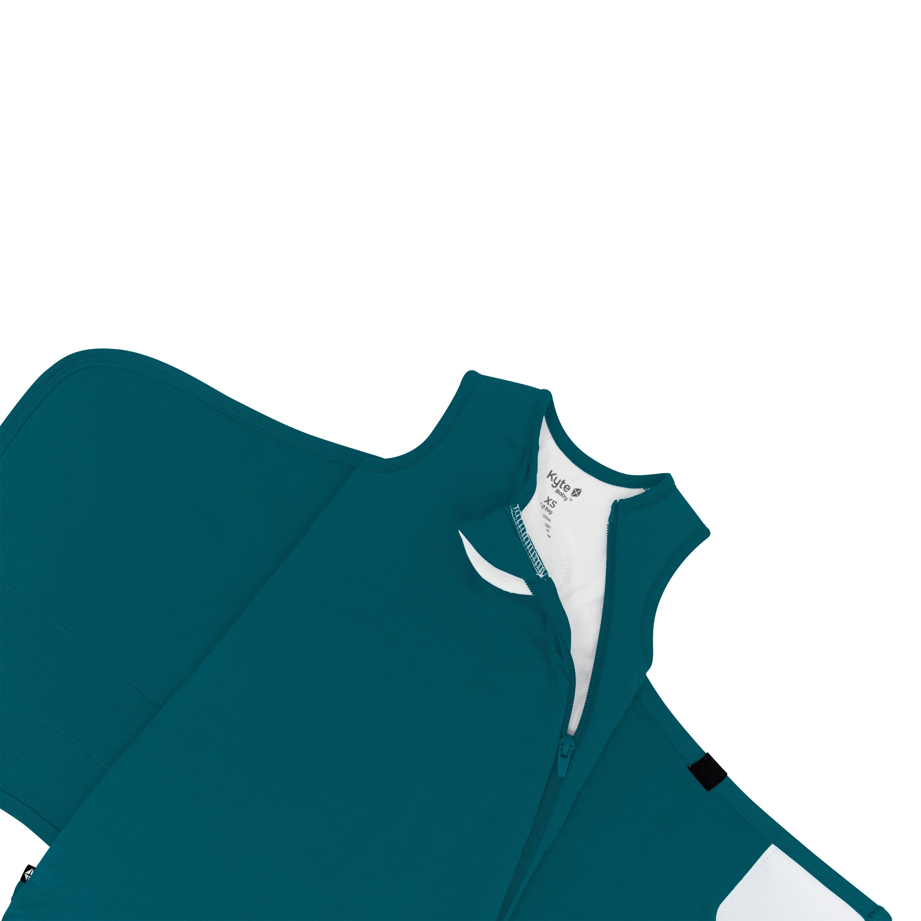 Close up of zipper garage and top zipper unzipped on Sleep Bag Swaddler in Loch 1.0