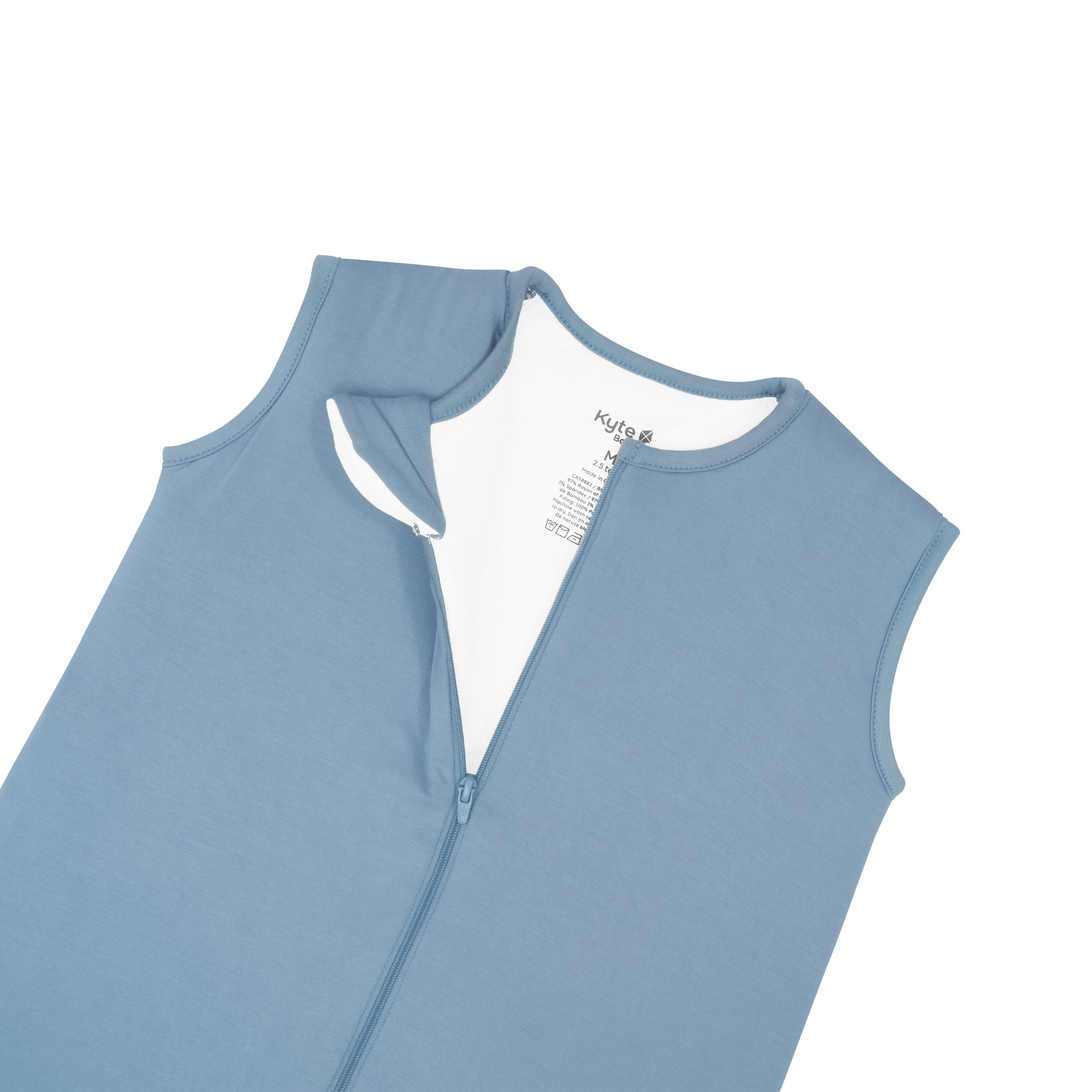 Close up of the Sleep Bag Walker in Slate 2.5 shown unzipped