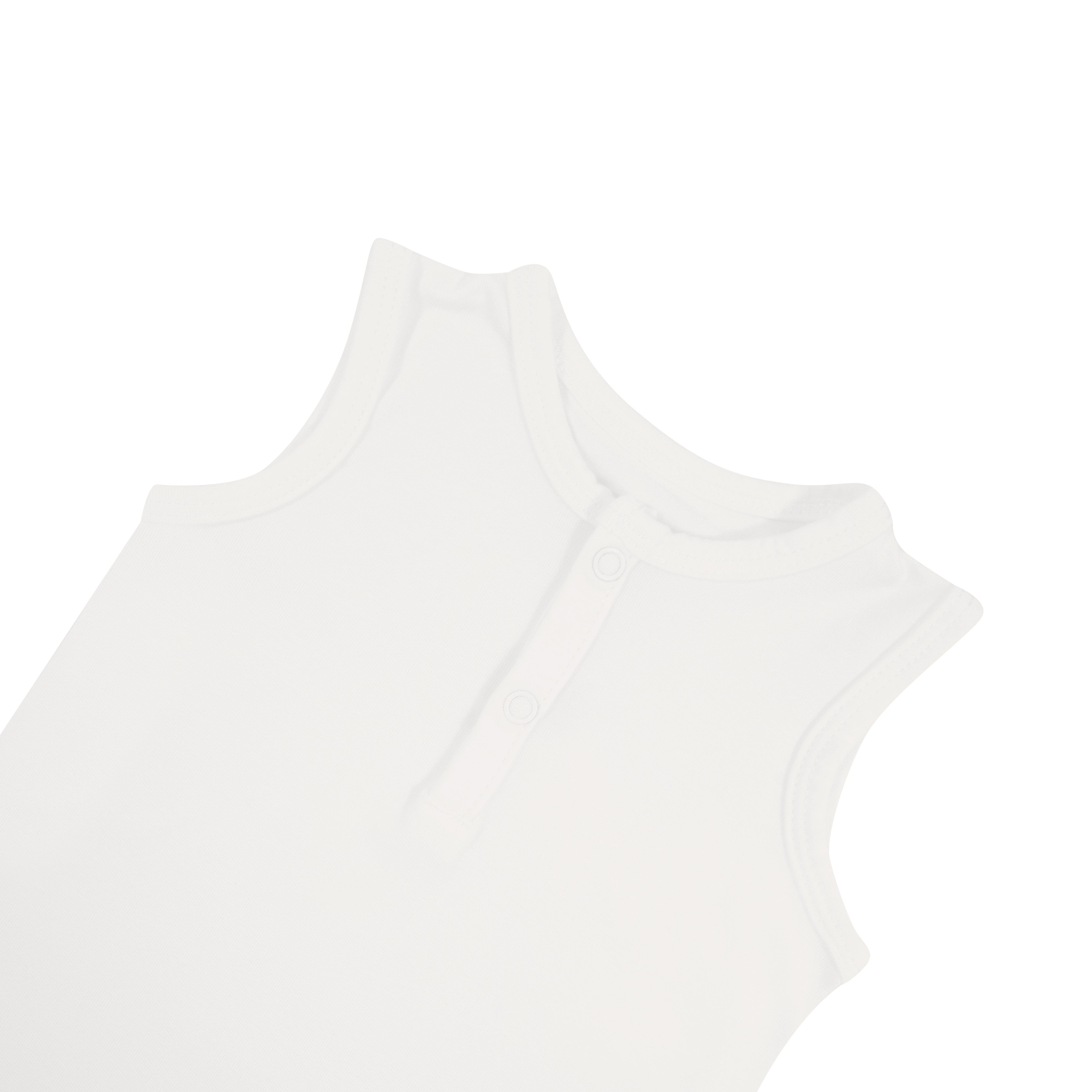 Close up of snaps on chest of Kyte Baby Sleeveless Bodysuit in Cloud white