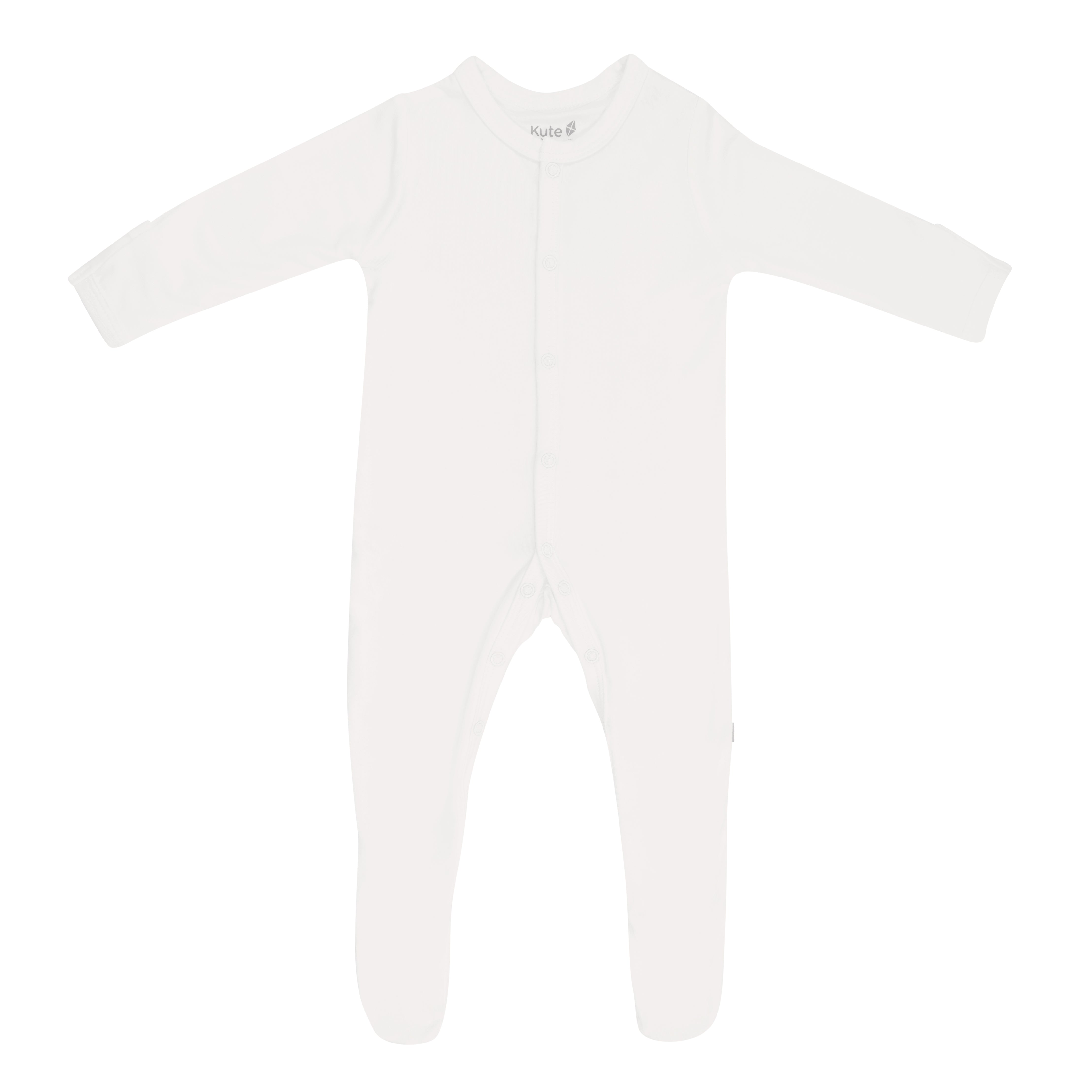 Flat lay of Kyte Baby snap footie in Cloud white