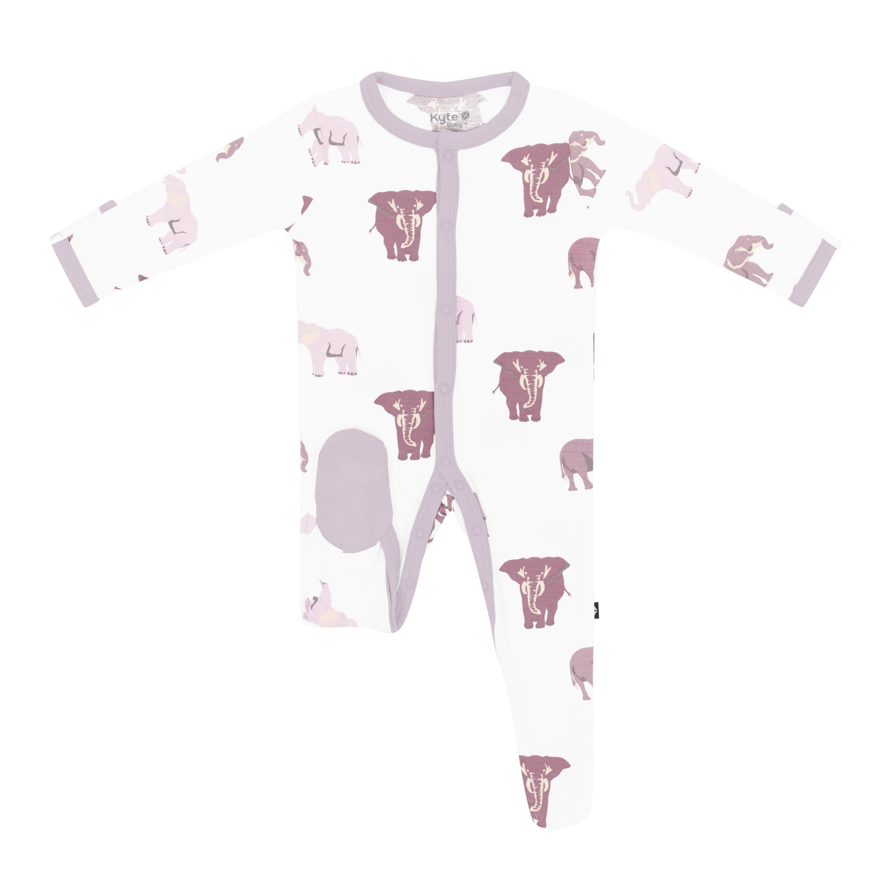 Sole grips on Kyte Baby Snap Footie pajamas in Elephant
