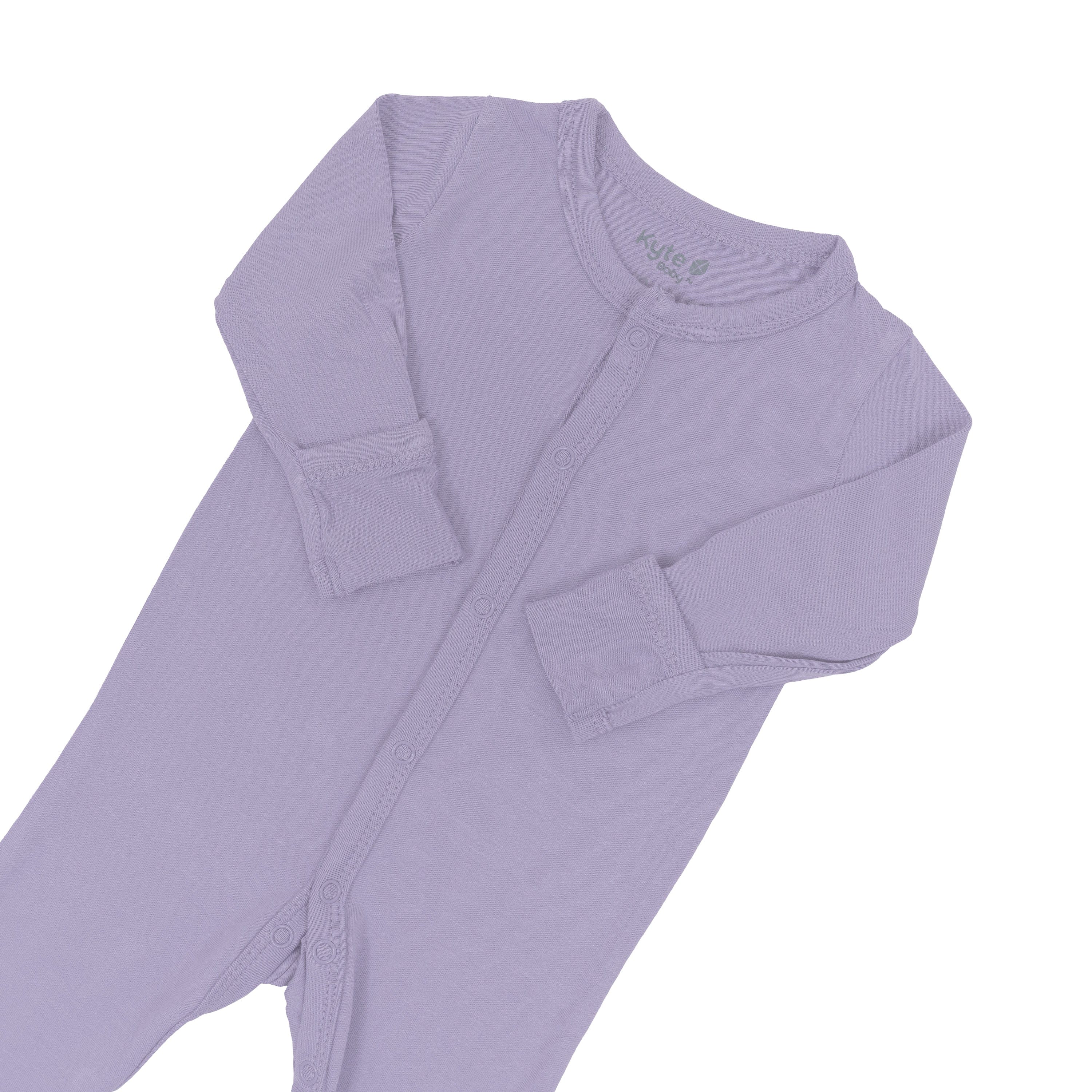Foldover cuffs on Kyte Baby snap Footie in Taro