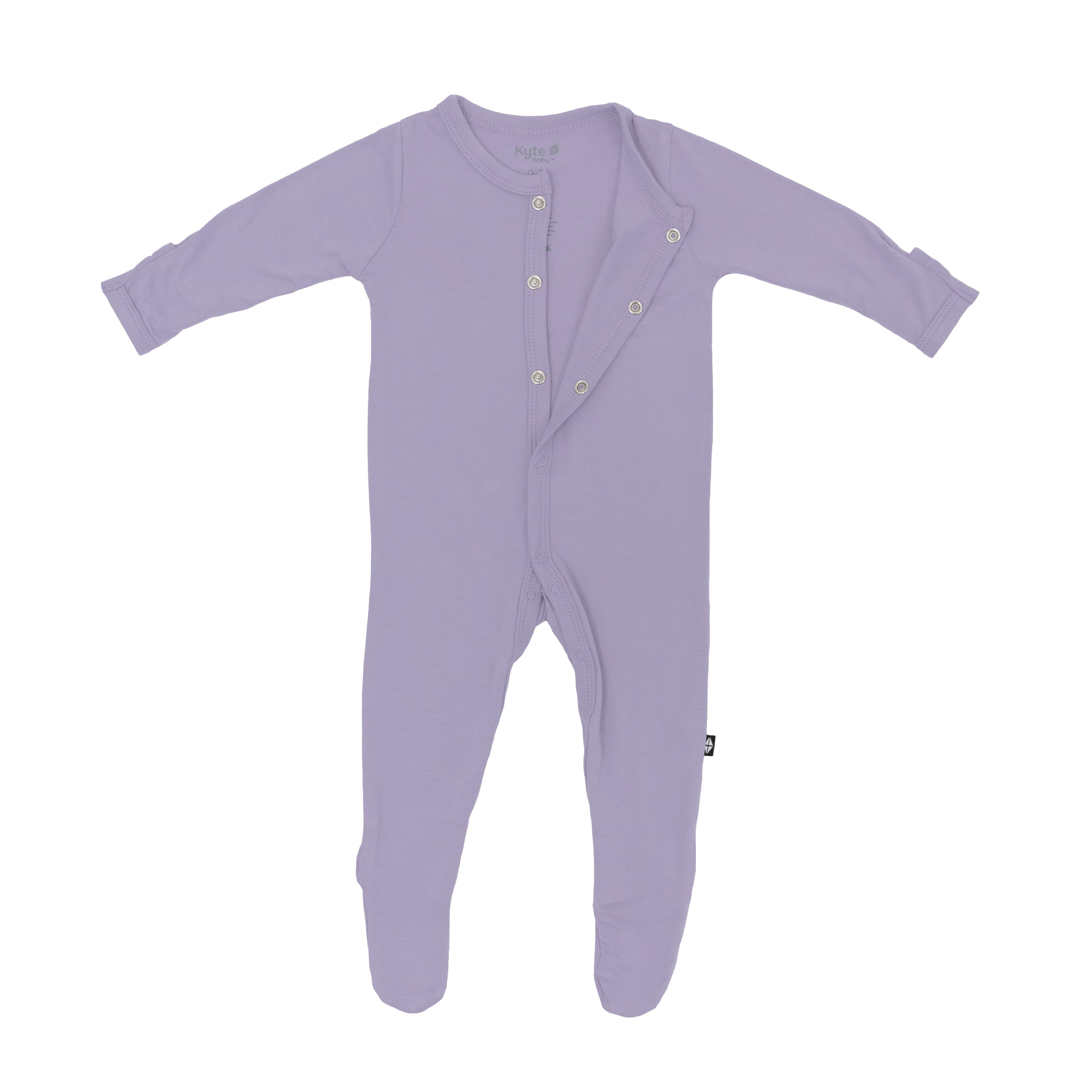 Snap closure on Kyte Baby Footie in Taro purple