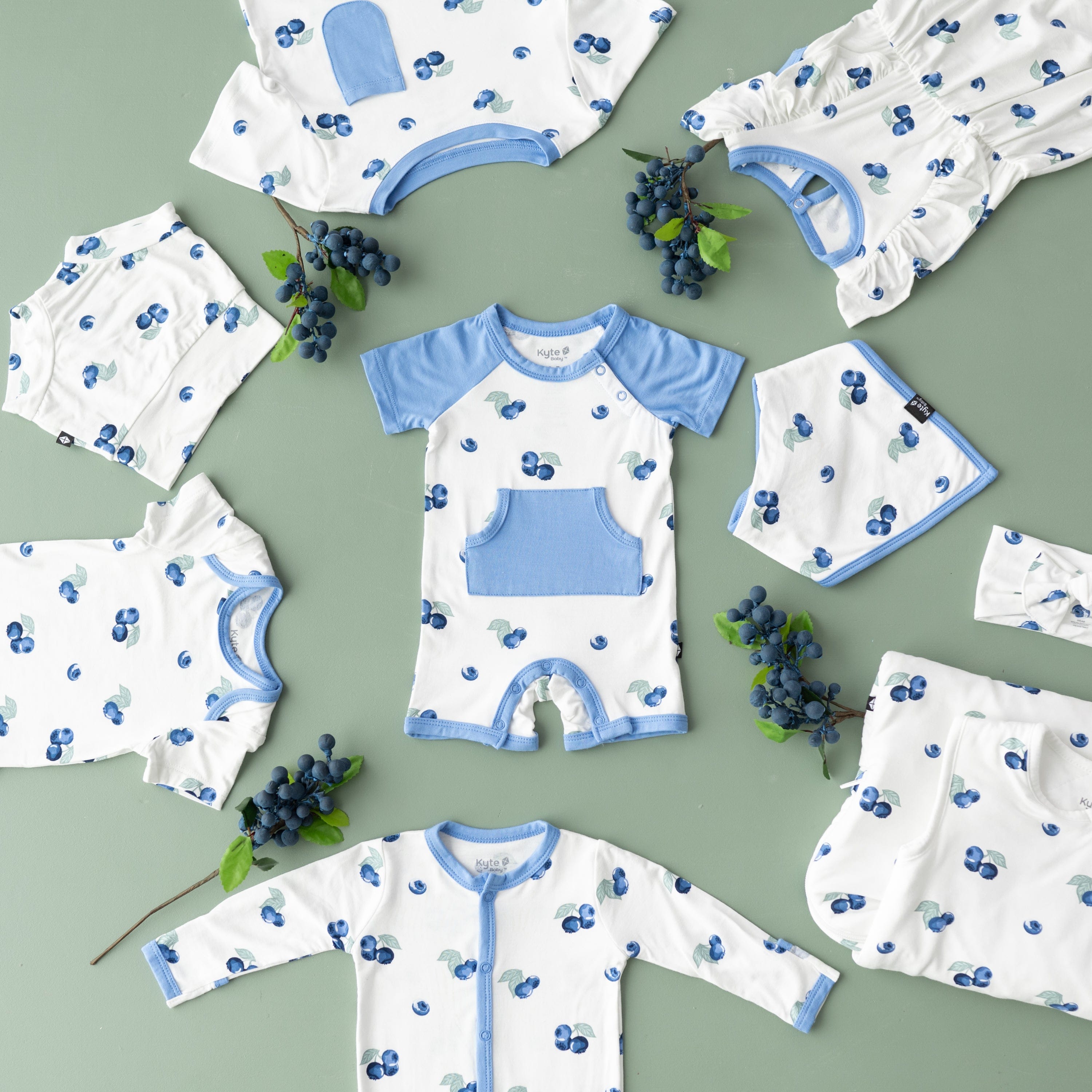 Kyte Baby selection of bamboo baby clothing and sleep bags in Blueberry
