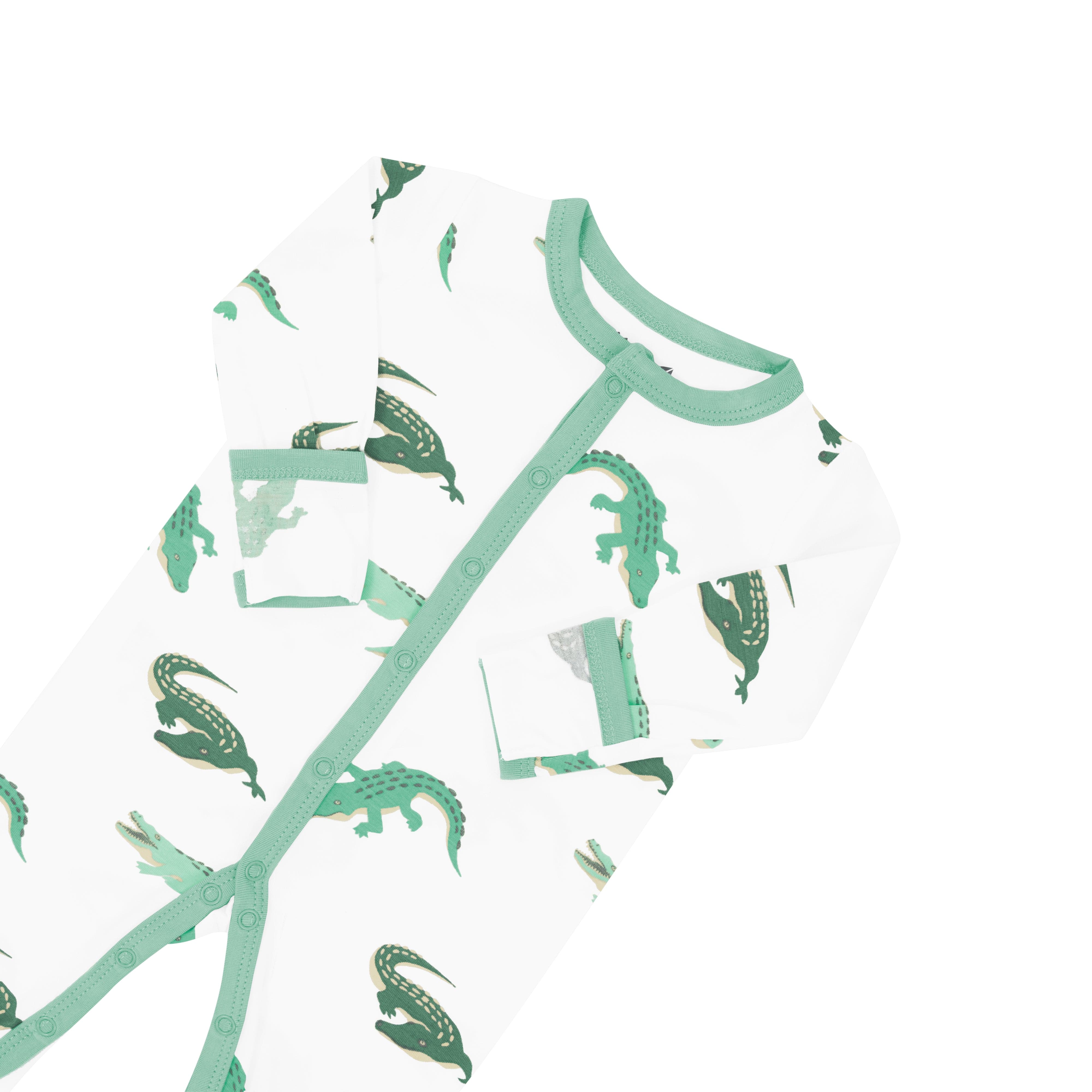 Fold-over cuffs on Kyte Baby Romper in Crocodile
