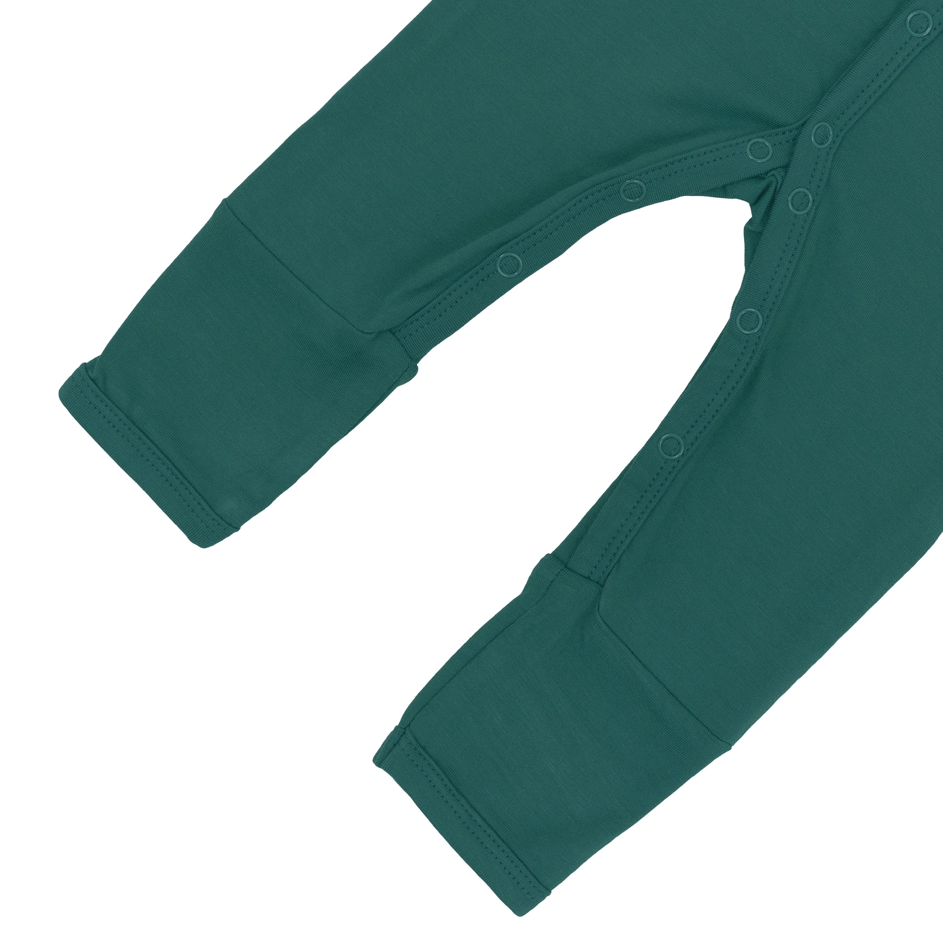 Snaps and legs on Kyte Baby Romper in Emerald
